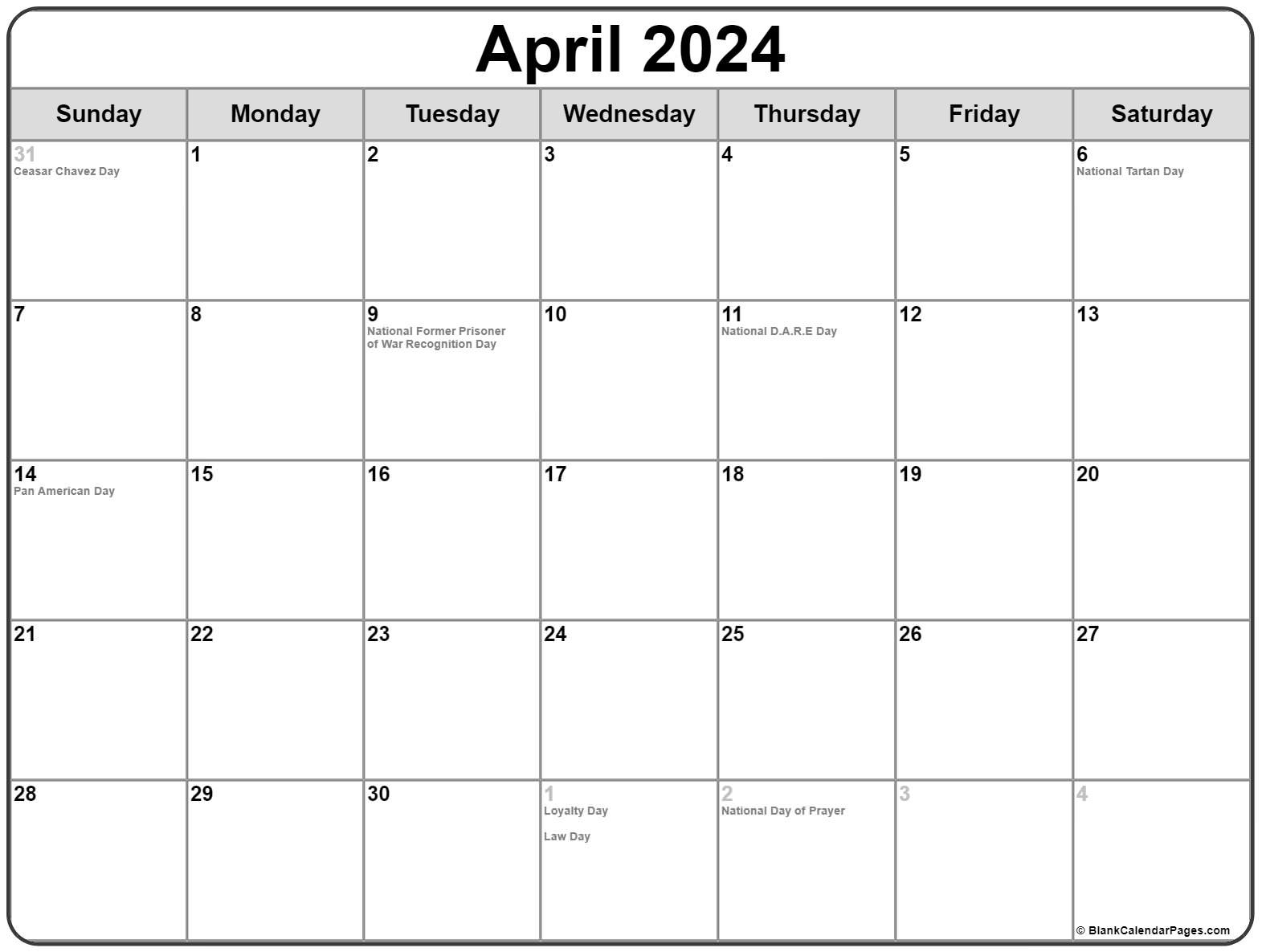 April 2024 With Holidays Calendar with regard to Free Printable April 2024 Calendar With Holidays