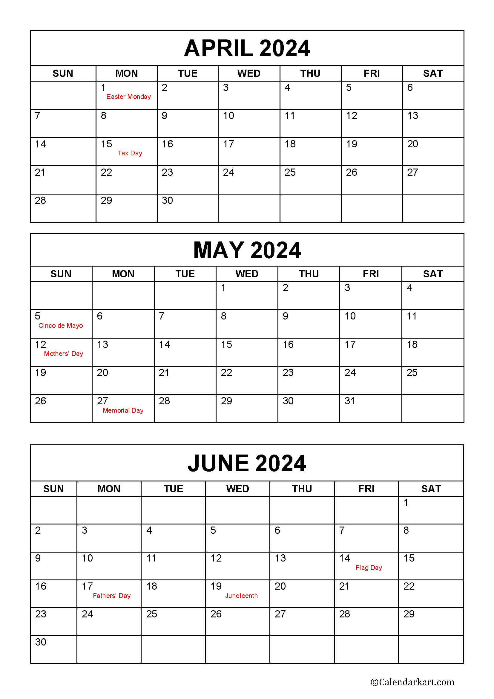 April To June 2024 Calendars (Q2): Free Printables - Calendarkart for Free Printable Calendar 2024 April May June