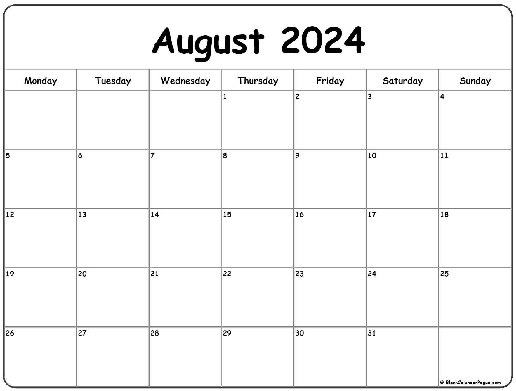 August 2024 Monday Calendar | Monday To Sunday with regard to Free Printable August 2024 Calendar Page