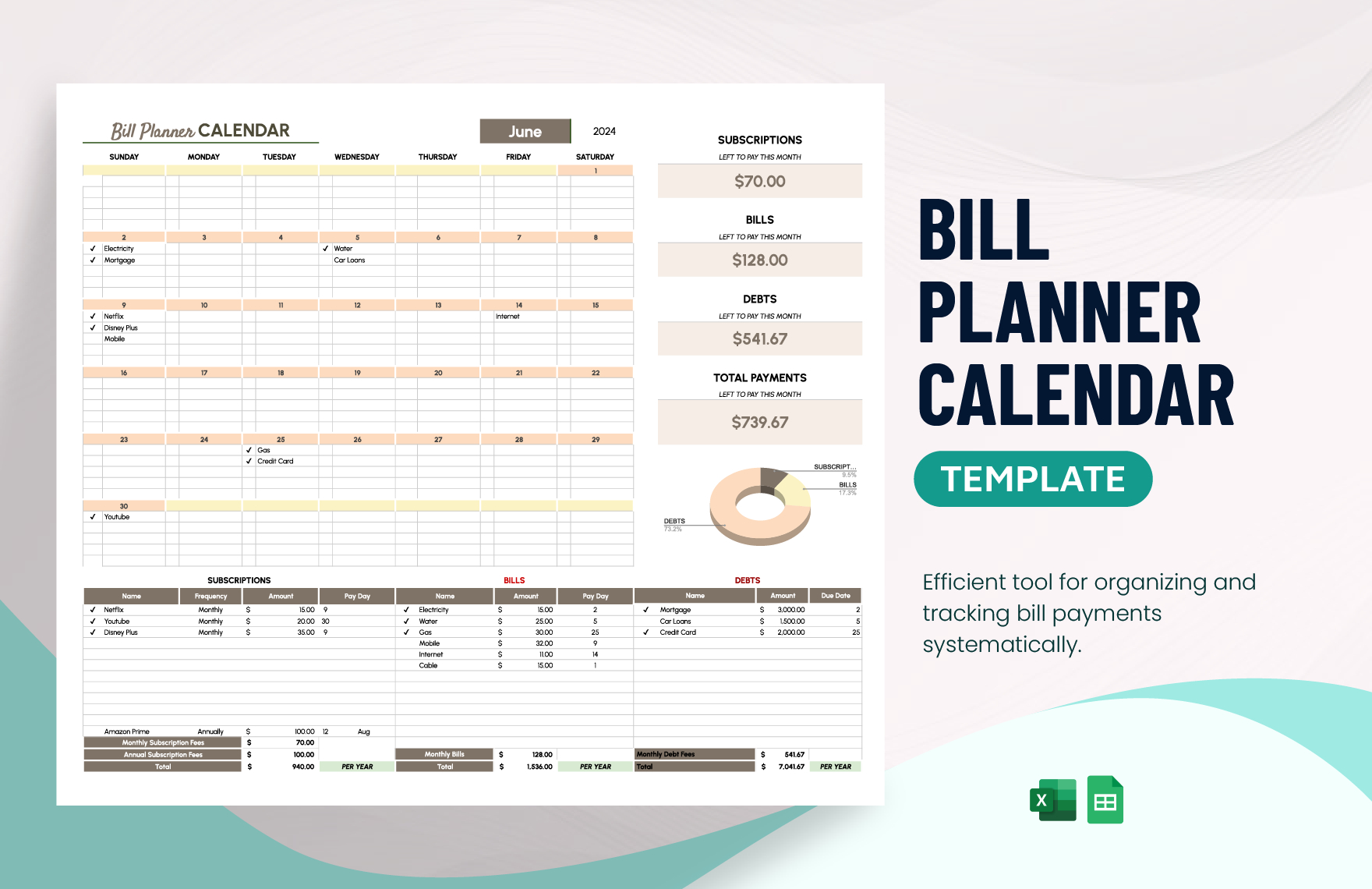 Bill Planner Calendar Template In Ms Excel, Google Sheets inside Free Printable Bill Payment Calendar 2024