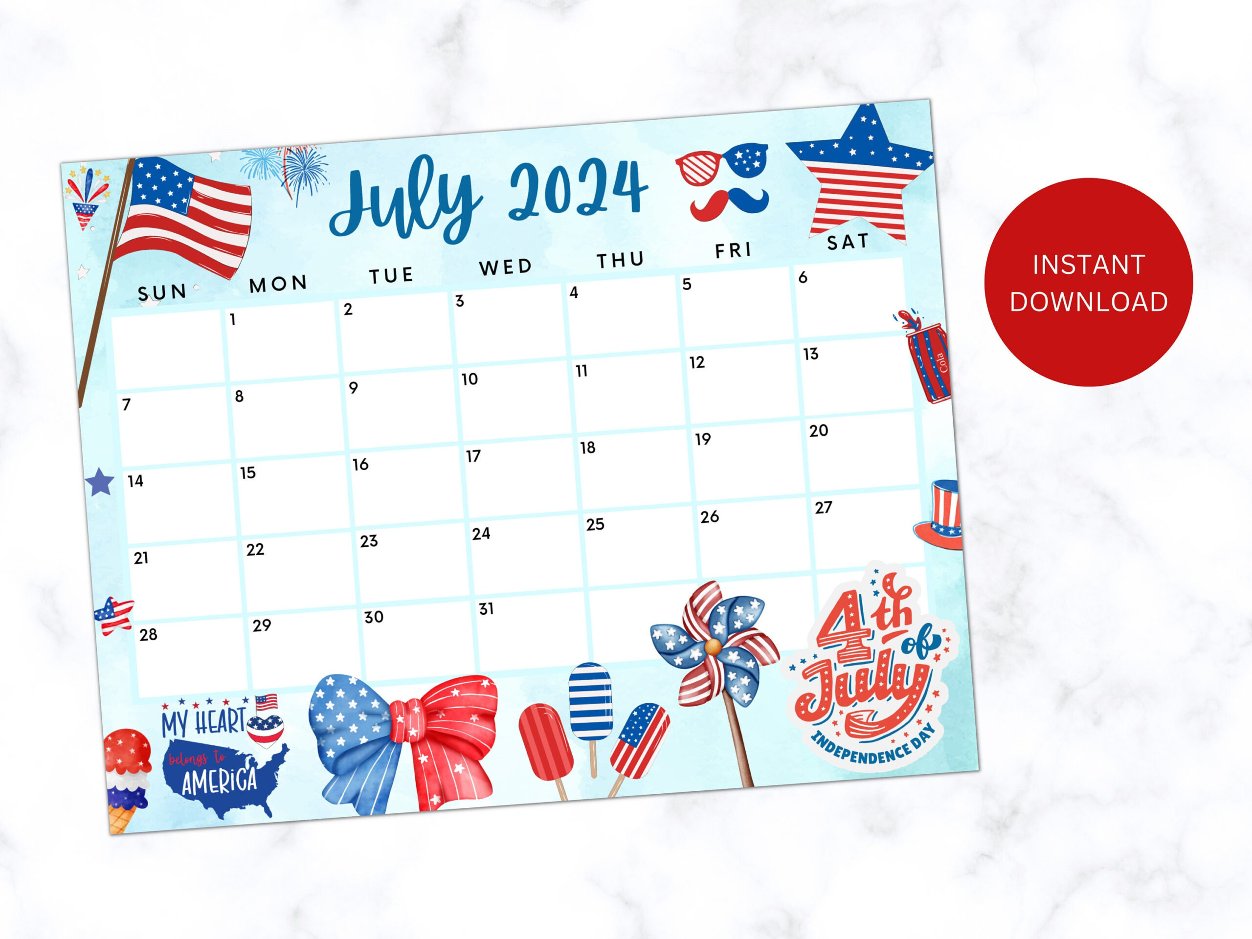 Buy Printable Fourth Of July 2024 Calendar, Editable Summer with Fourth of July Calendar Picture 2024