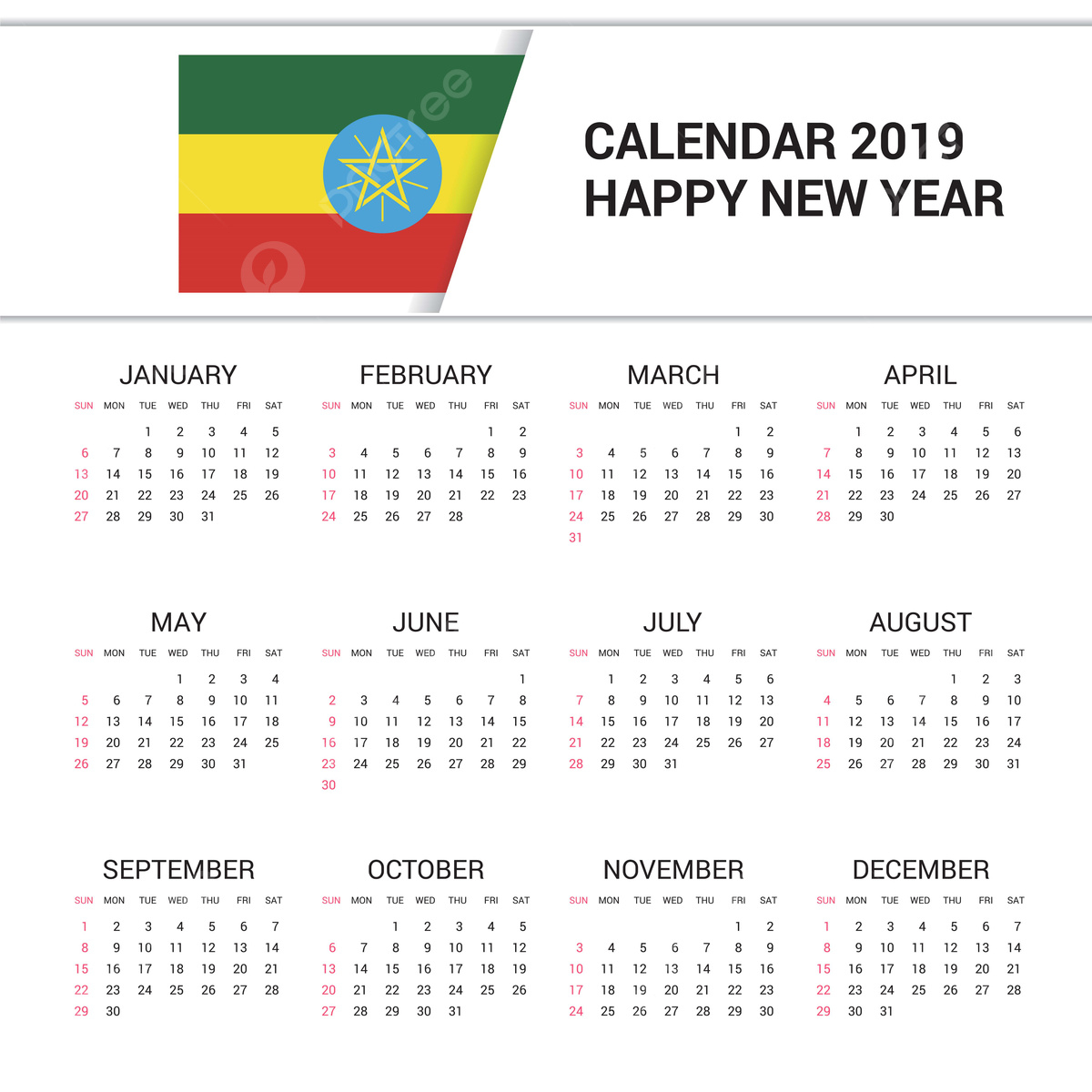 Calendar 2019 Ethiopia Flag Background English Language Template intended for July 5 2024 in Ethiopian Calendar