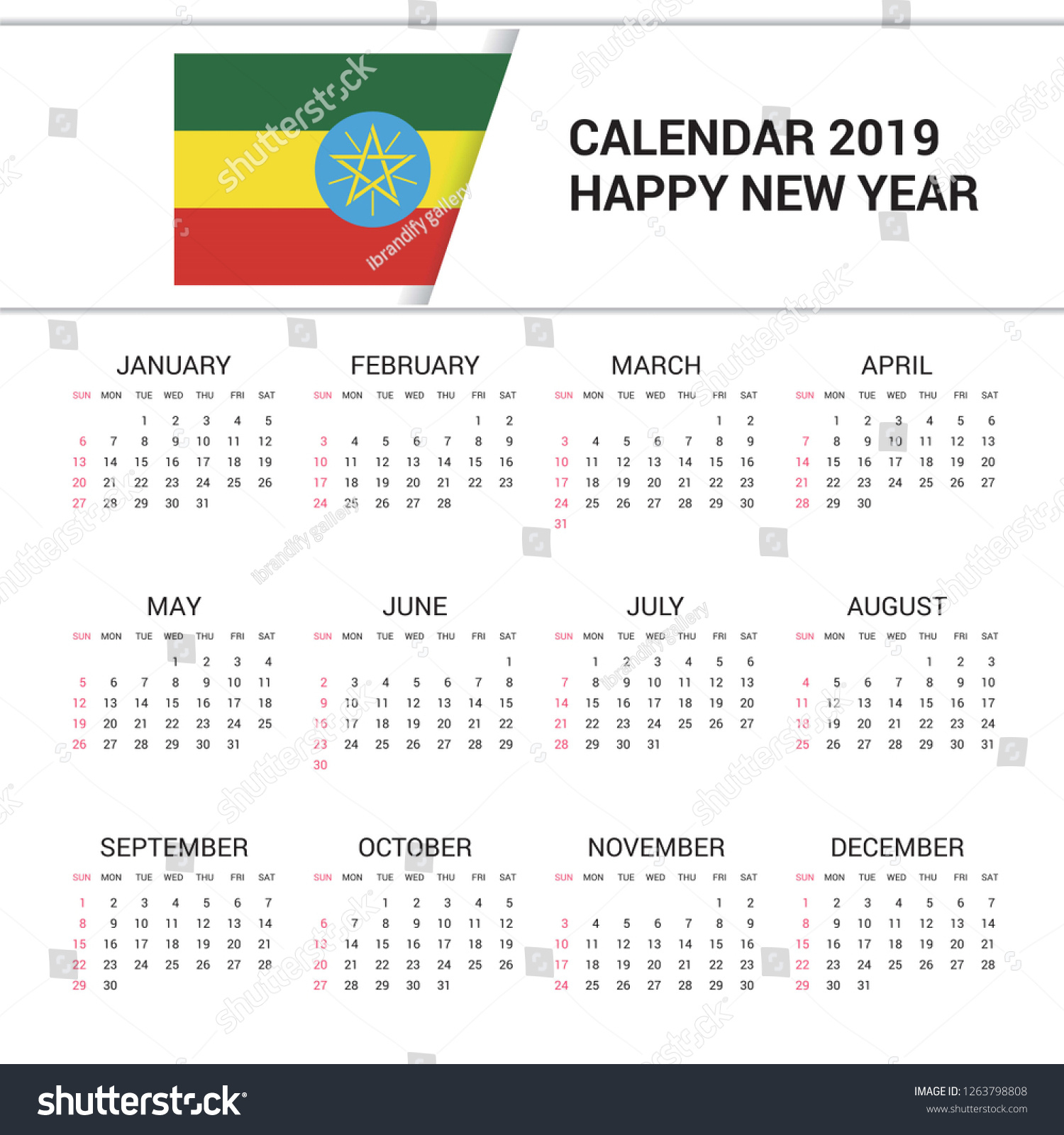 Calendar 2019 Ethiopia Flag Background English Stock Vector in July 23 2024 in Ethiopian Calendar