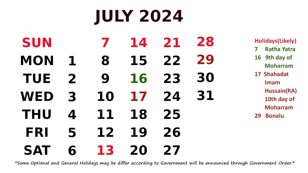 Calendar July 2024 for July 2024 Calendar India