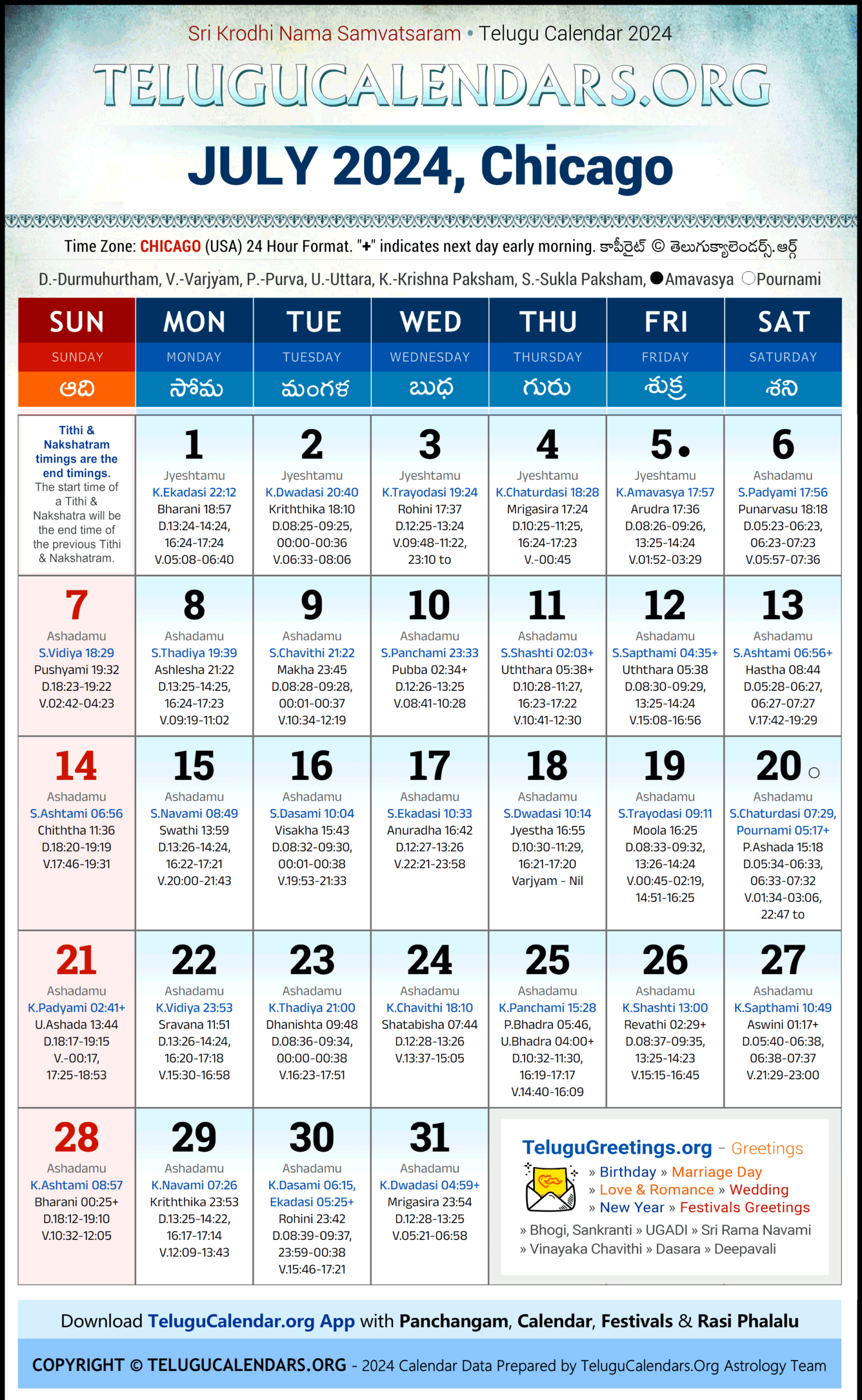 Chicago 2024 July Telugu Calendar Festivals &amp;amp; Holidays In English regarding Chicago Calendar July 2024