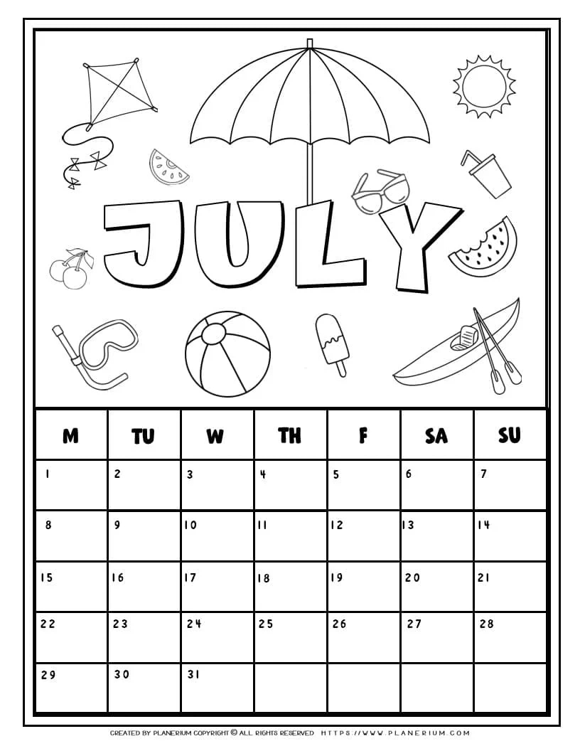 Coloring Calendar - July | Planerium intended for July Calendar Coloring Page 2024