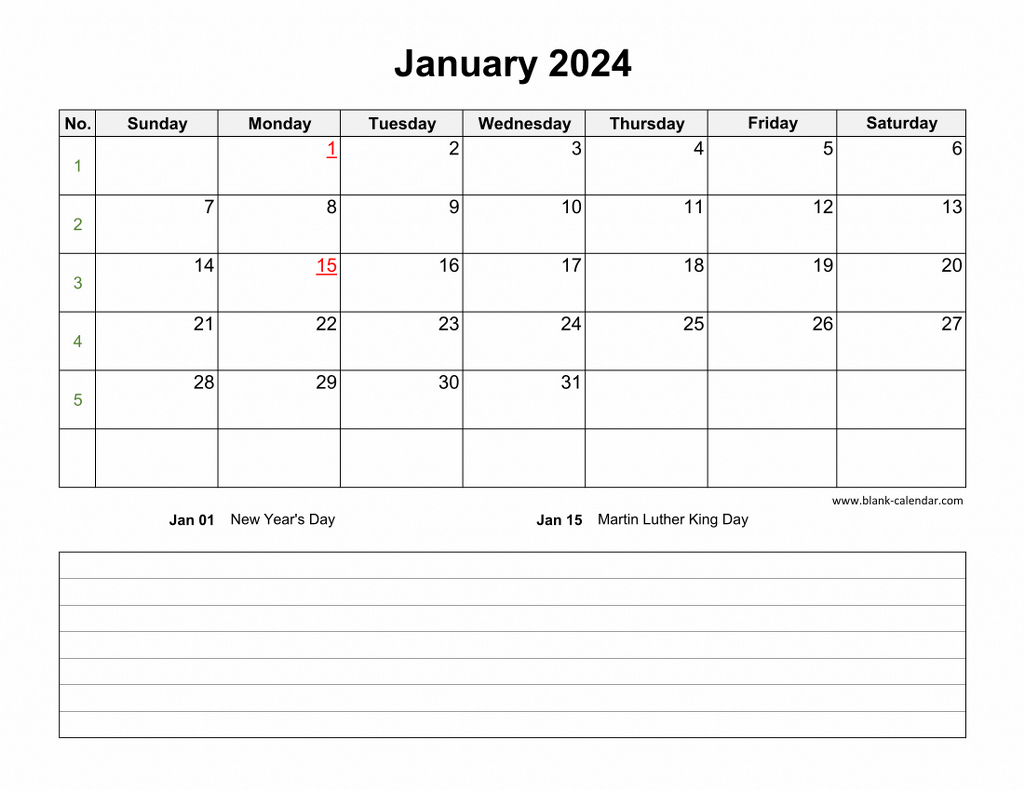 Download Blank Calendar 2024 With Space For Notes (12 Pages, One with regard to Free Printable Calendar 2024 With Notes