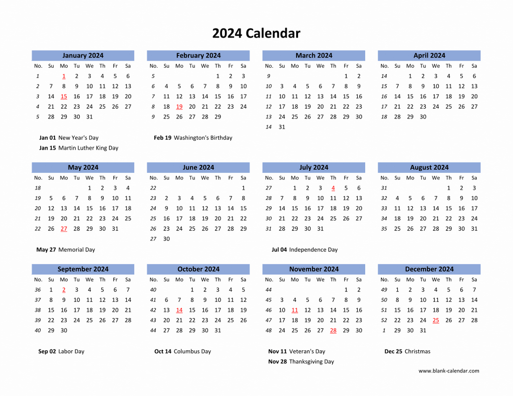 Download Blank Calendar 2024 With Us Holidays (12 Months On One within Free Printable Calendar 2024 By Month With Us Holidays