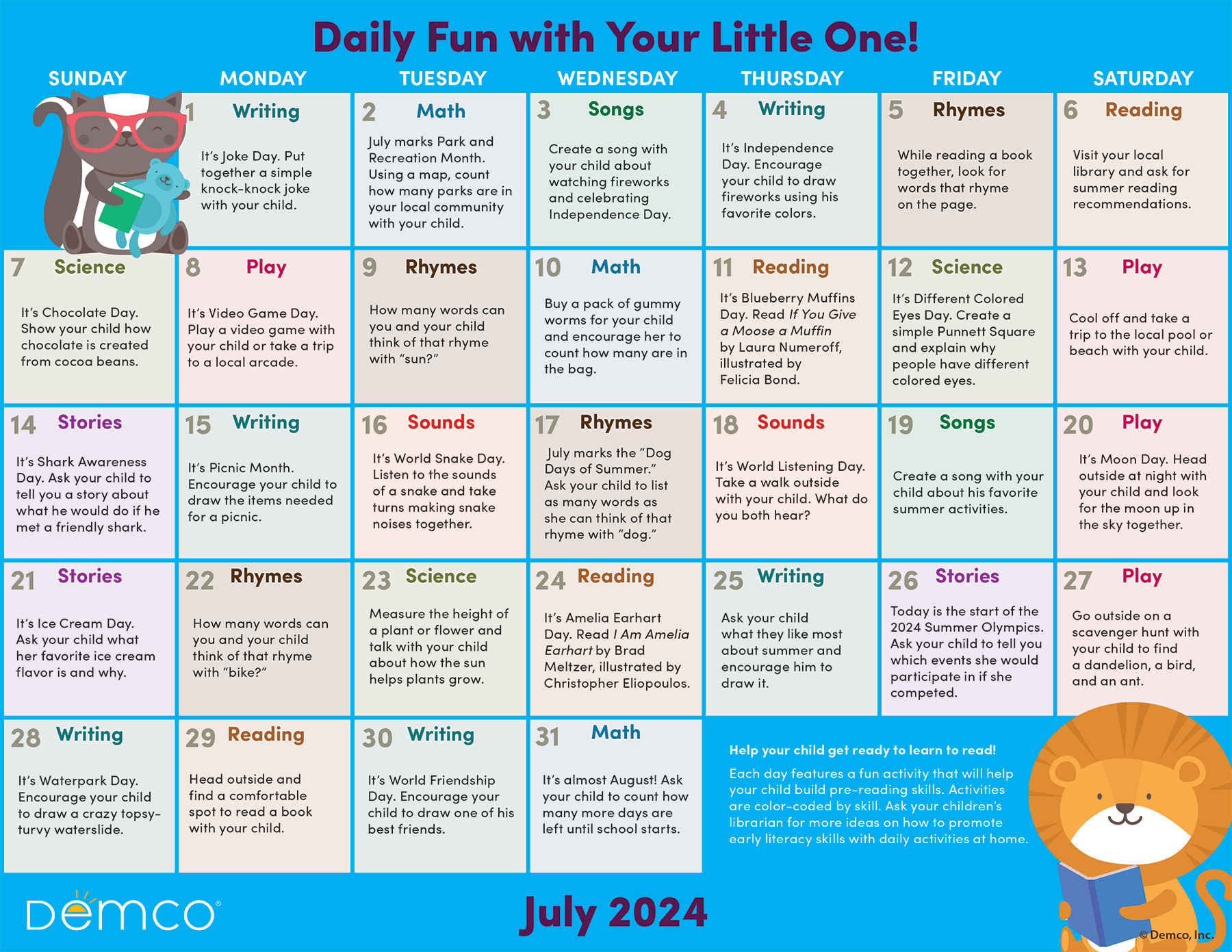 Early Literacy Activities — July 2024: Activities, Books, And More! with Activity Calendar For July 2024