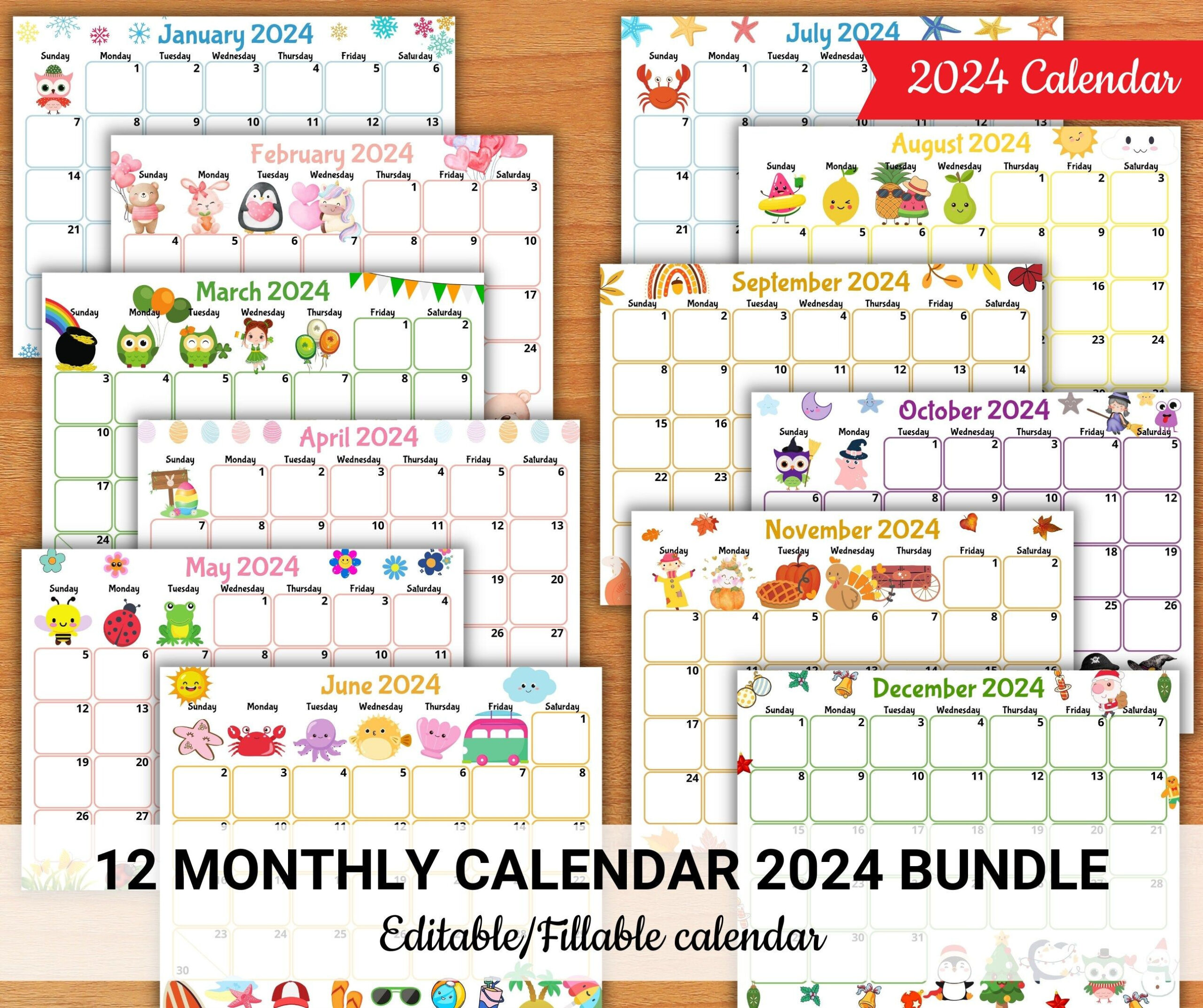 Editable 2024 Calendars, Cute Monthly Calendar For Kids, Printable with Free Printable Calendar 2024 Kids Pretty