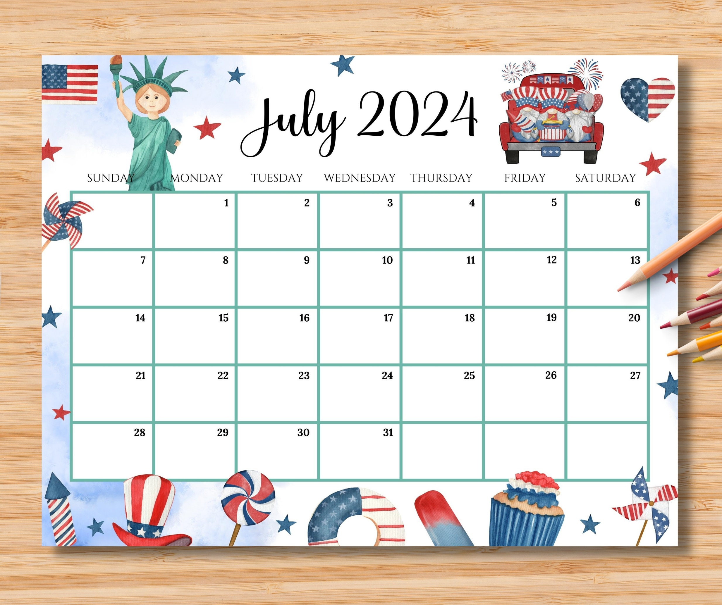 Editable July 2024 Calendar, 4Th July Independence Day, Printable for Fillable Calendar July 2024