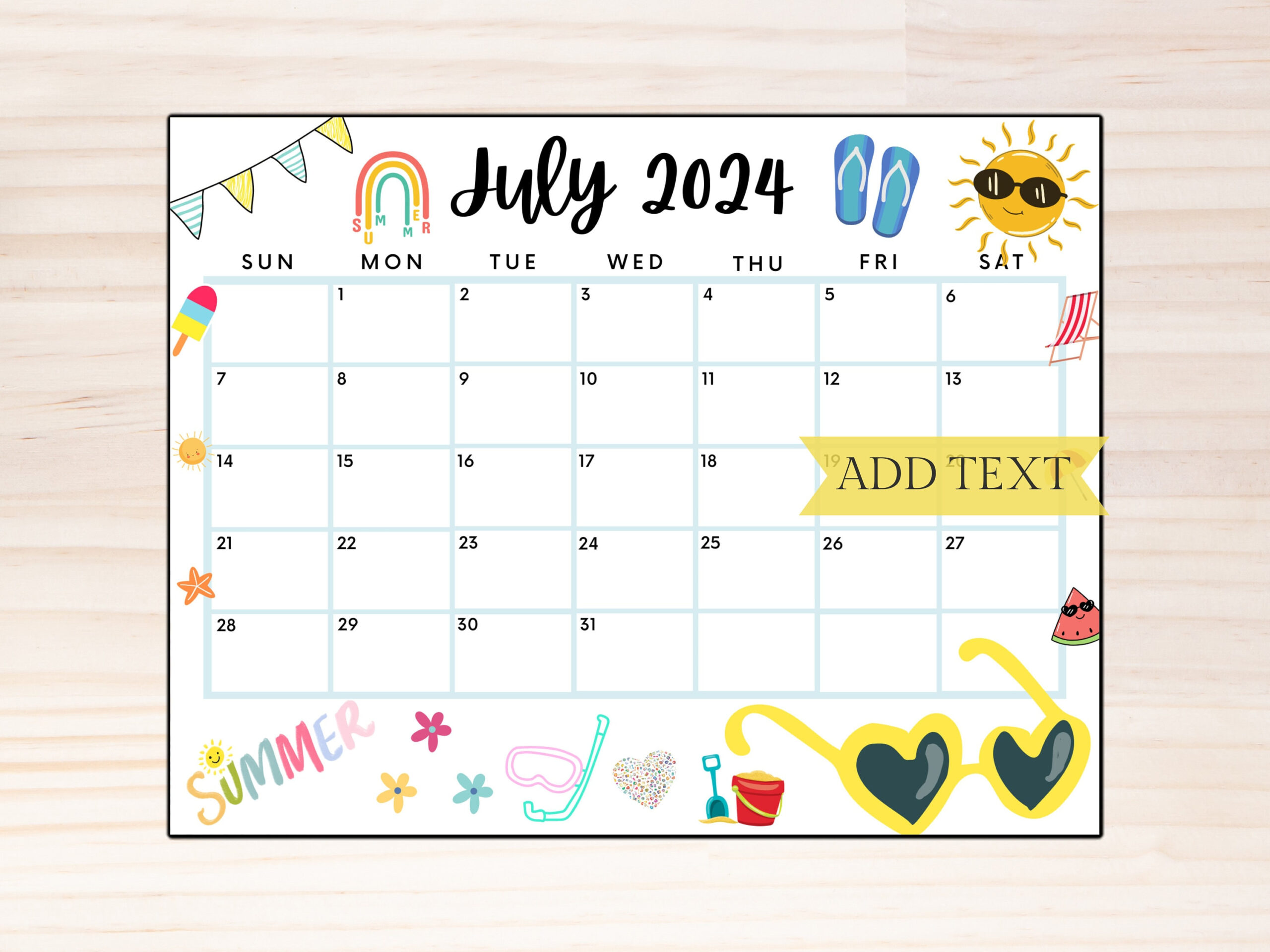 Editable July 2024 Summer Calendar, Printable July Calendar for July 2024 Calendar Fillable