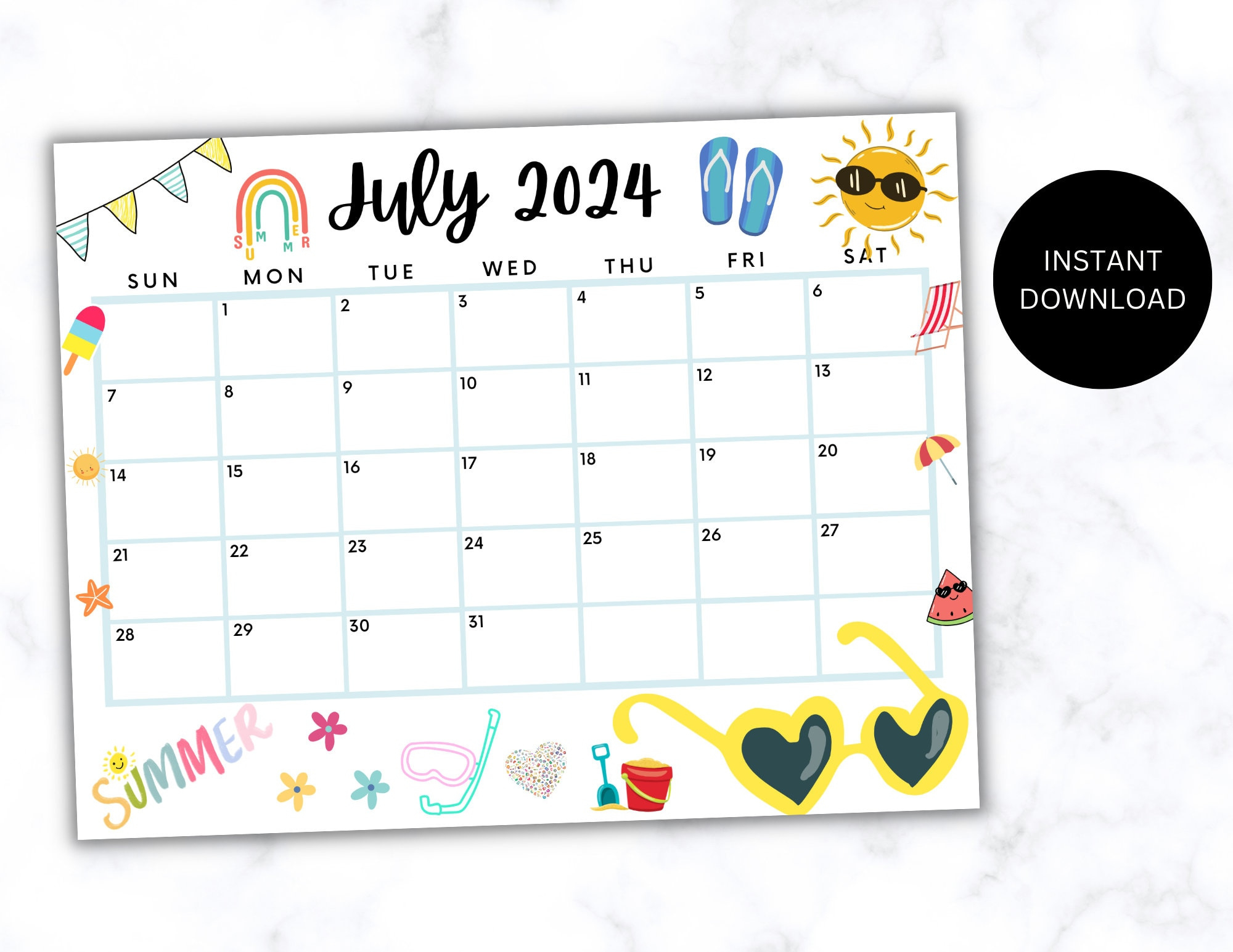 Editierbarer Juli 2024 Sommerkalender, Druckbarer Juli-Kalender in July 2024 Summer Calendar
