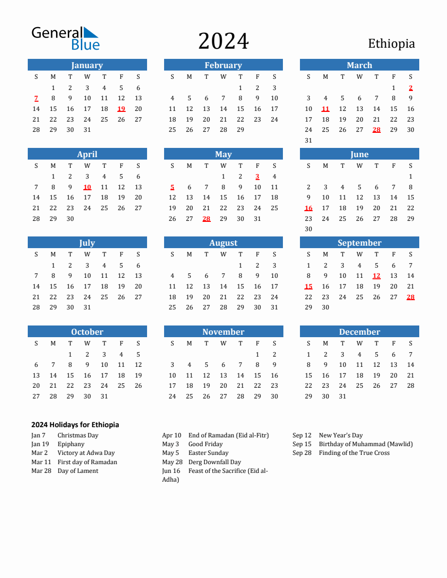 Ethiopia 2024 Calendar With Holidays regarding July 10 2024 in Ethiopian Calendar