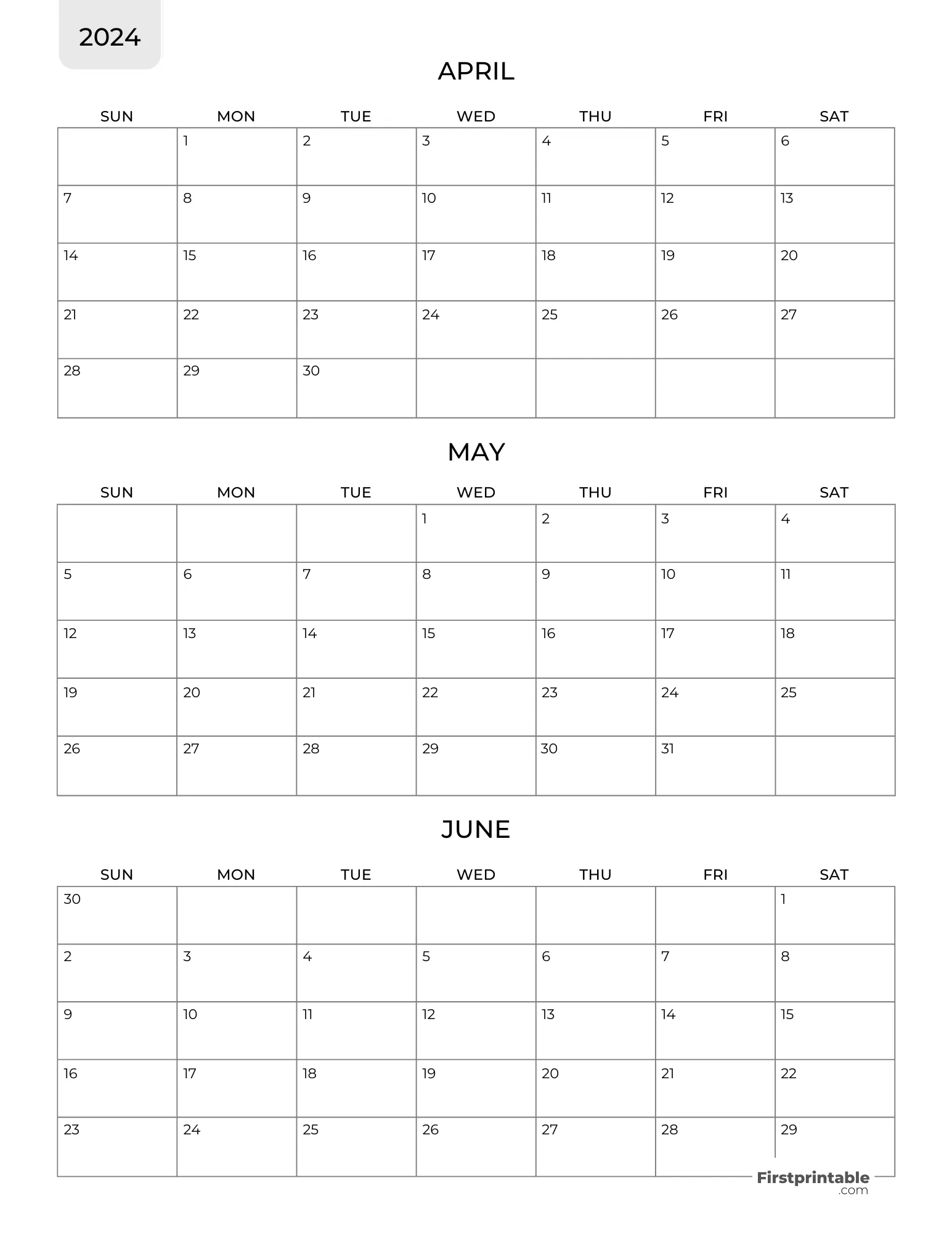 Free 3 Month Calendars 2024 with Blank Calendar June and July 2024