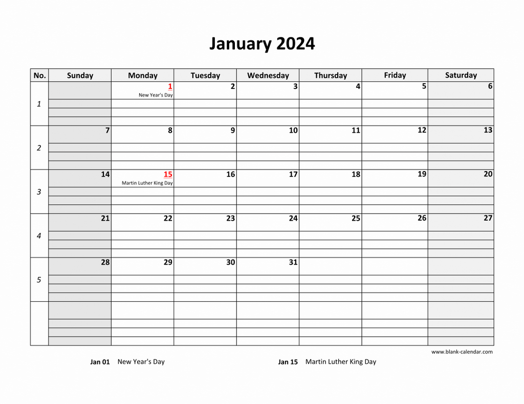 Free Download Printable Calendar 2024, Large Box Grid, Space For Notes intended for Free Printable Calendar 2024 With Lines