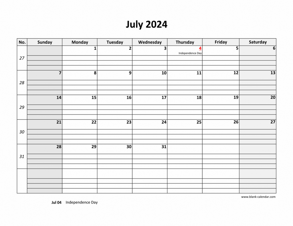 Free Download Printable July 2024 Calendar, Large Box Grid, Space with July 2024 Calendar With Lines