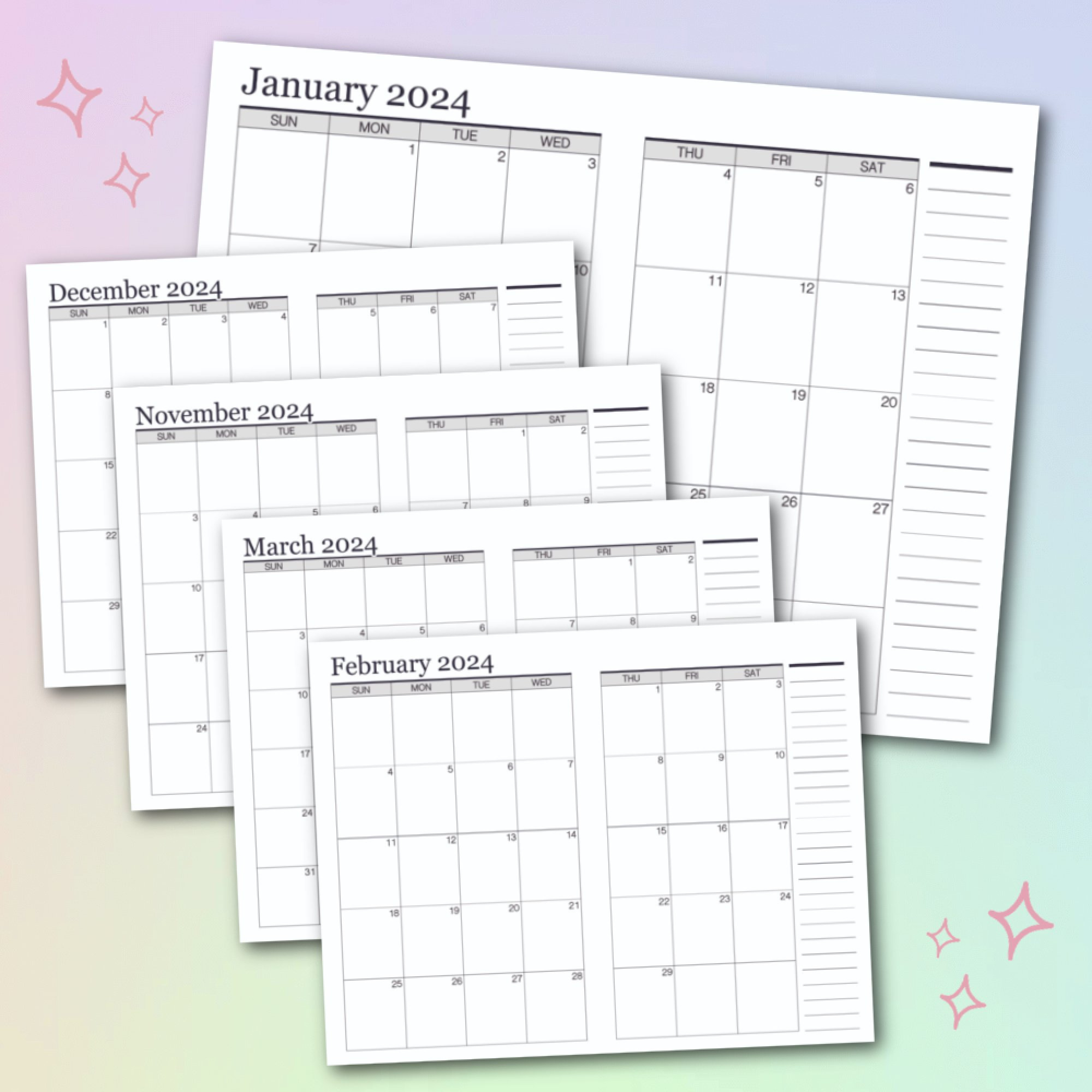 Free Printable 2024 Calendar: Half Size Double Page Spread in Free Printable Calendar 2024 Half Size