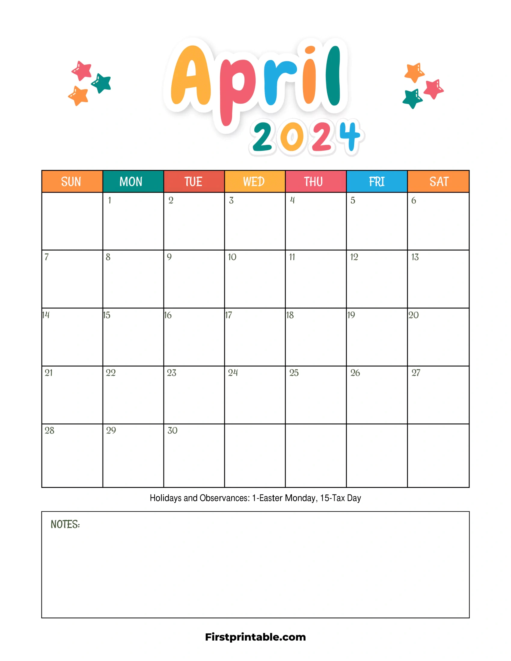 Free Printable &amp;amp; Fillable April Calendar 2024 in Free Printable April 2024 Calendar For Kids