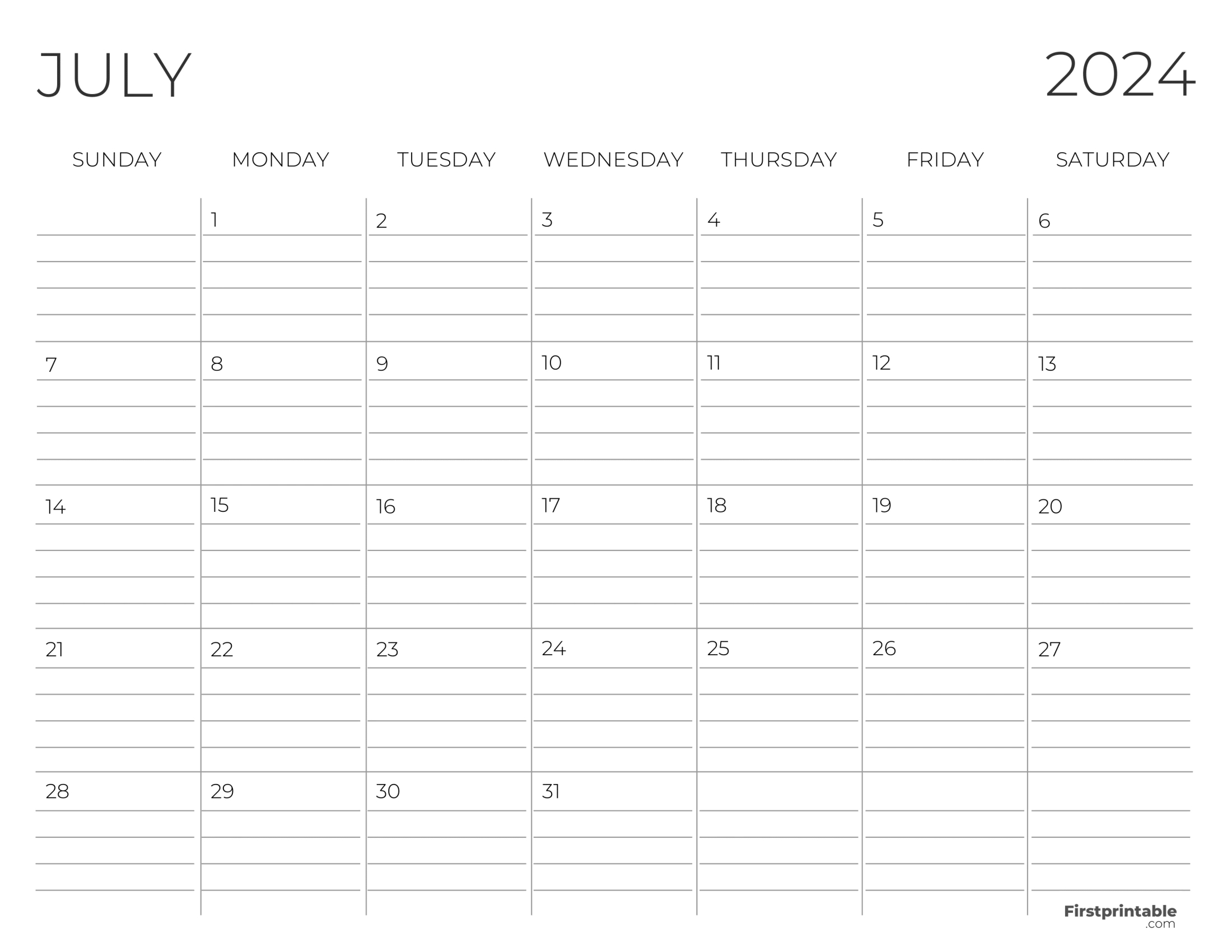 Free Printable &amp;amp; Fillable July Calendar 2024 intended for July 2024 Calendar With Lines