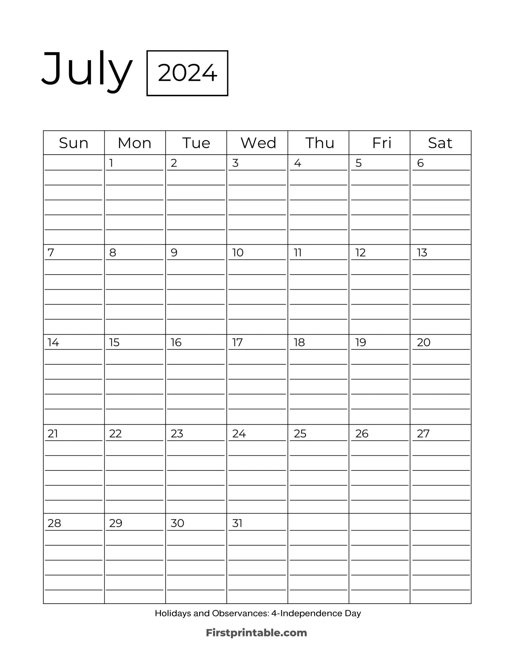 Free Printable &amp;amp; Fillable July Calendar 2024 throughout July 2024 Calendar With Lines