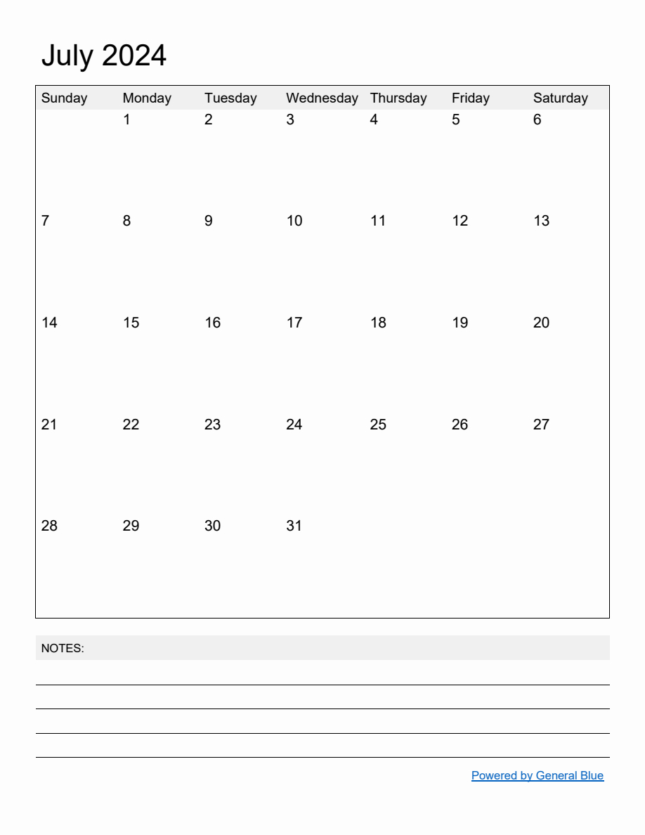 Free Printable Monthly Calendar For July 2024 in General Blue July 2024 Calendar