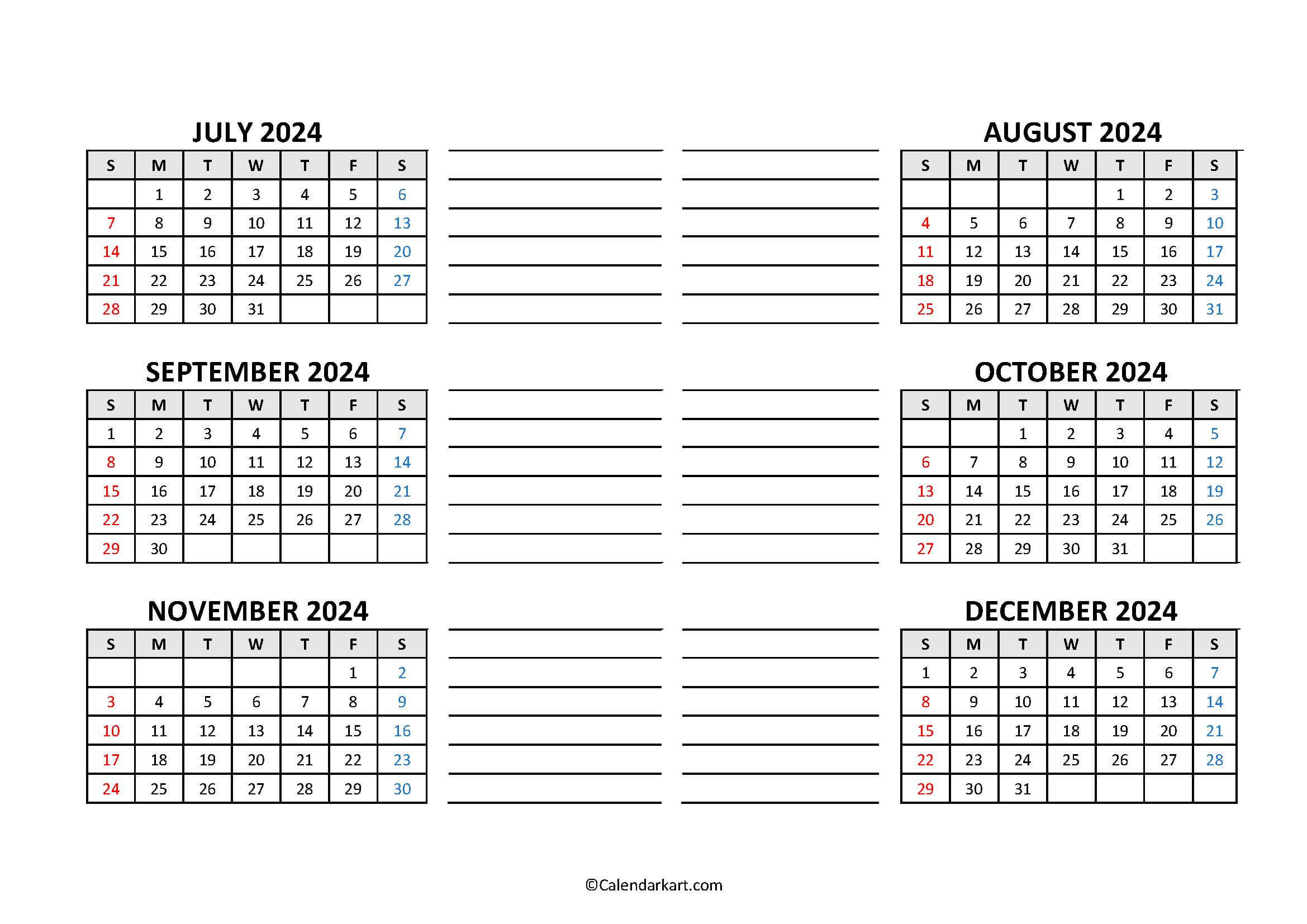 Free Printable Year At A Glance Calendar 2024 - Calendarkart throughout Calendar July - December 2024