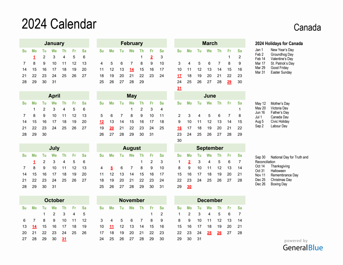 Holiday Calendar 2024 For Canada (Sunday Start) with Free Printable Calendar 2024 Canada With Holidays