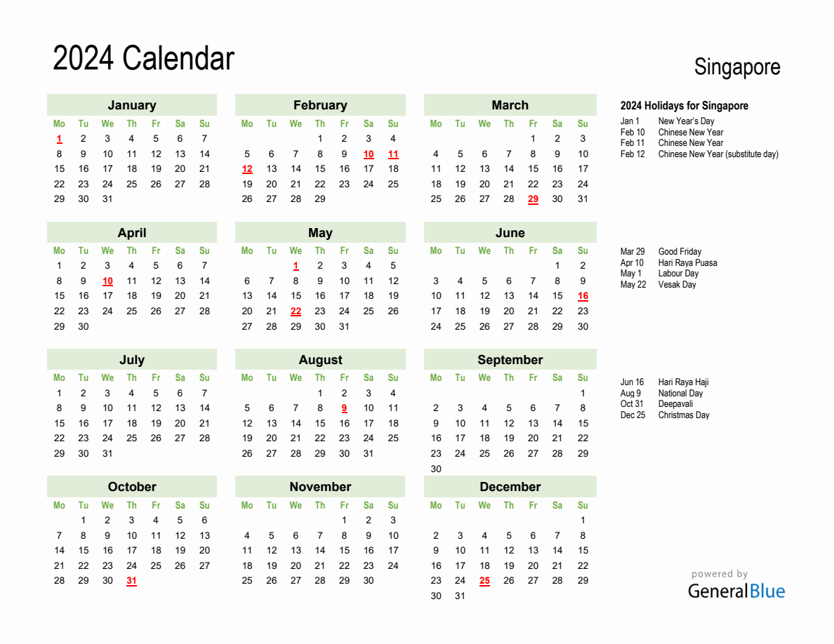 Holiday Calendar 2024 For Singapore (Monday Start) intended for Free Printable Calendar 2024 With Singapore Holidays
