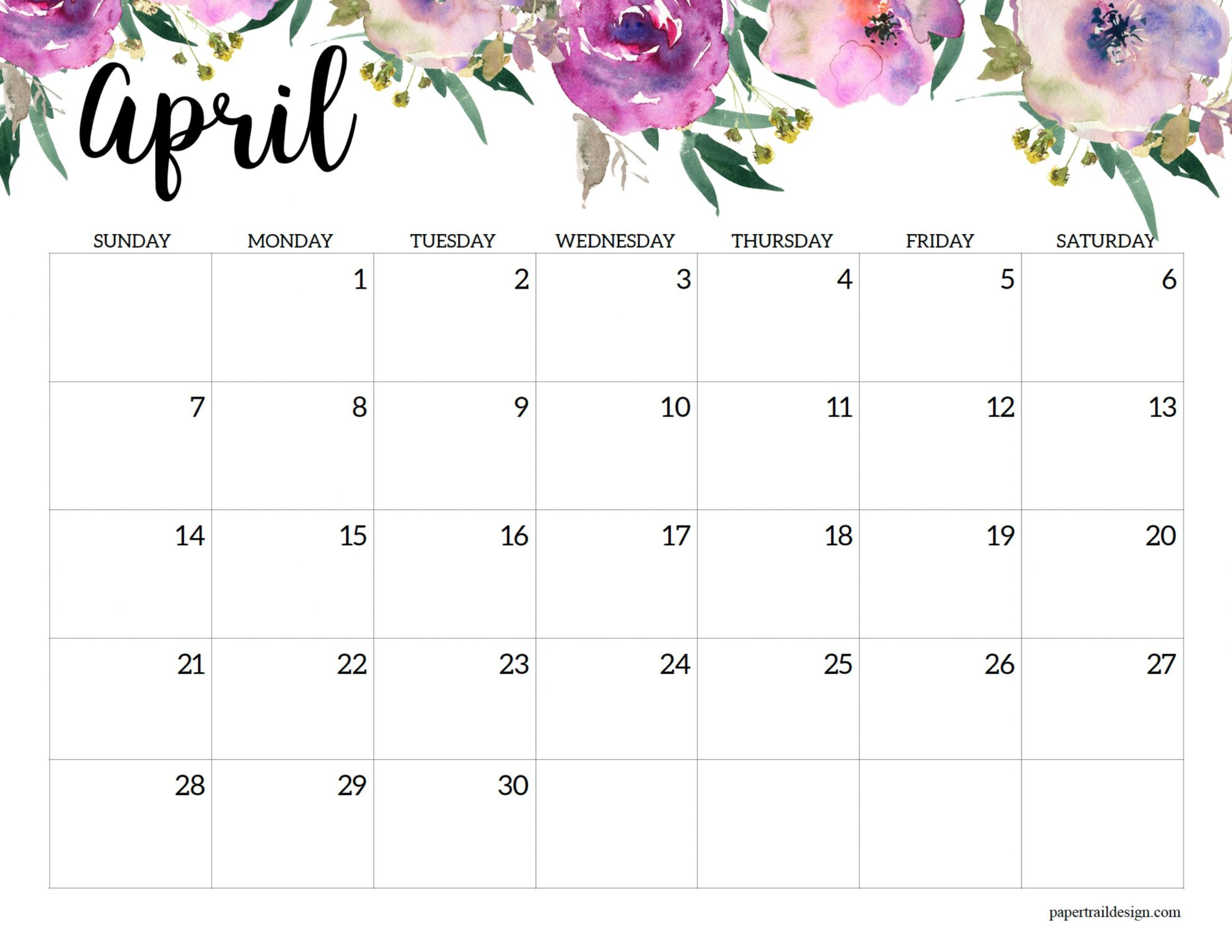 Horizontal Floral Printable Calendar -2024 - Paper Trail Design for Free Printable April 2024 Calendar Flowers