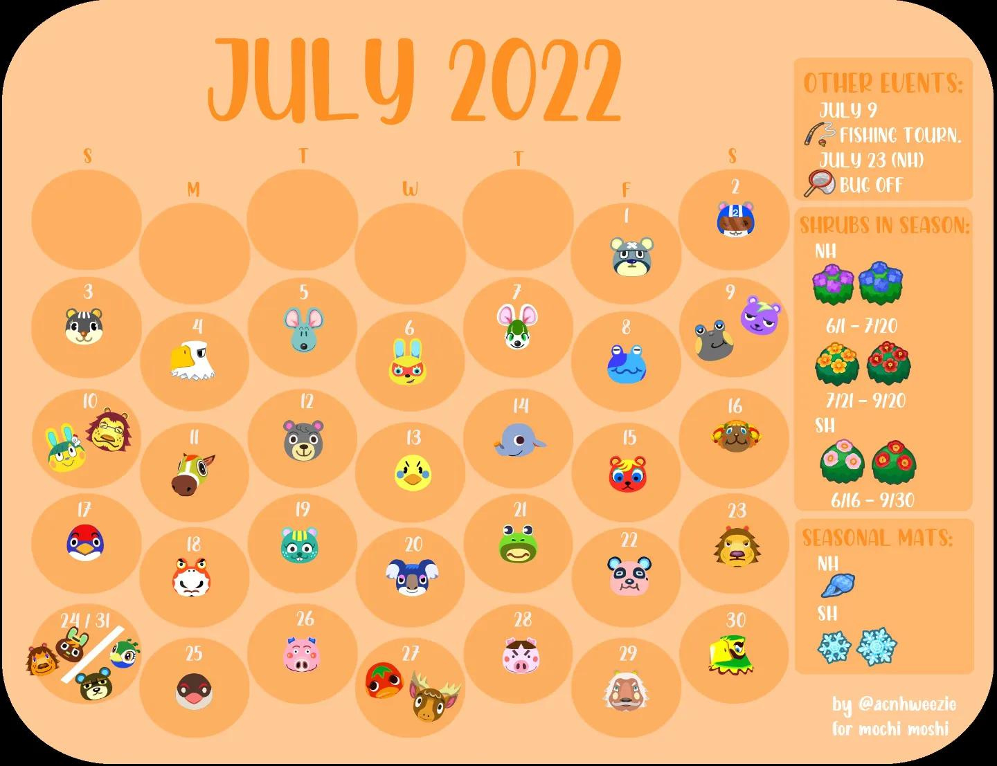 I Made A Monthly 2022 Calendar For All The Villager Birthdays And with Animal Crossing July Calendar 2024
