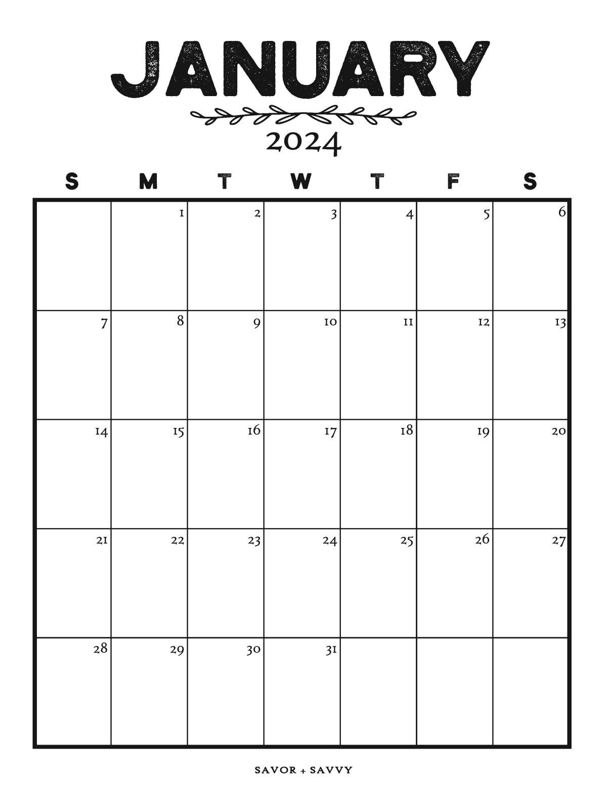 January 2024 Calendar Templates - 14 Free Printables - Savor + Savvy regarding Free Printable Calendar 2024 January Vertical