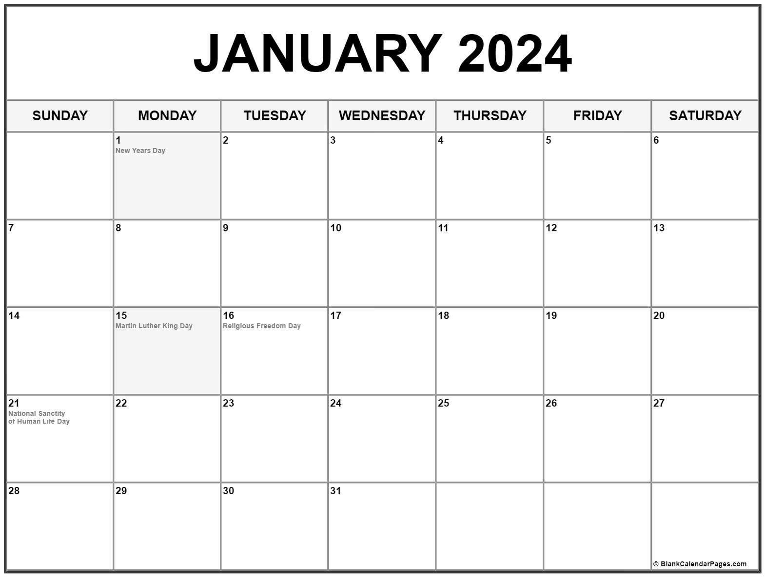 January 2024 With Holidays Calendar with Free Printable Calendar 2024 By Month With Us Holidays