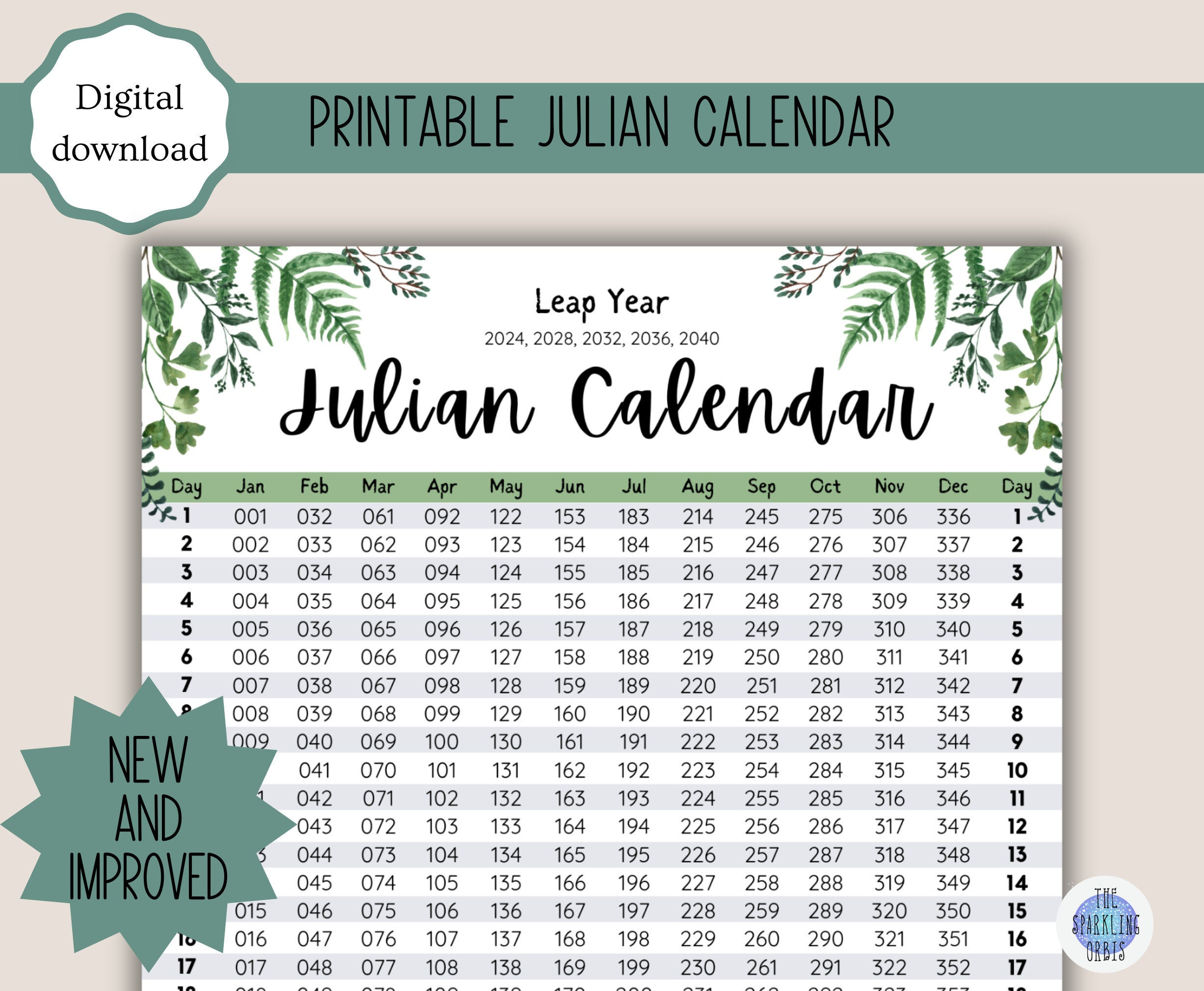 Julian Calendar Military And Government Leaf Design Digital for 2024 Julian Calendar Printable