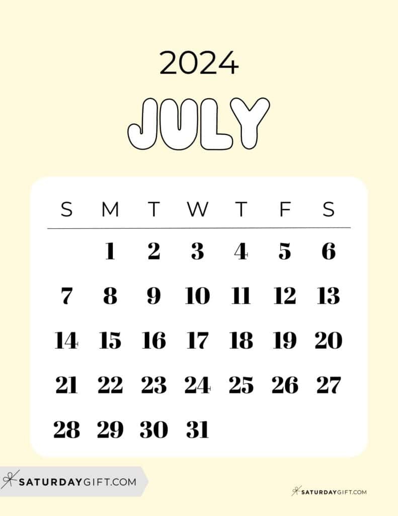 July 2024 Calendar - 20 Cute &amp;amp; Free Printables | Saturdaygift for Cute Calendar For July 2024