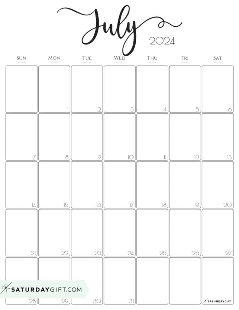 July 2024 Calendar - 20 Cute &amp;amp; Free Printables | Saturdaygift intended for July Calendar 2024 Vertical