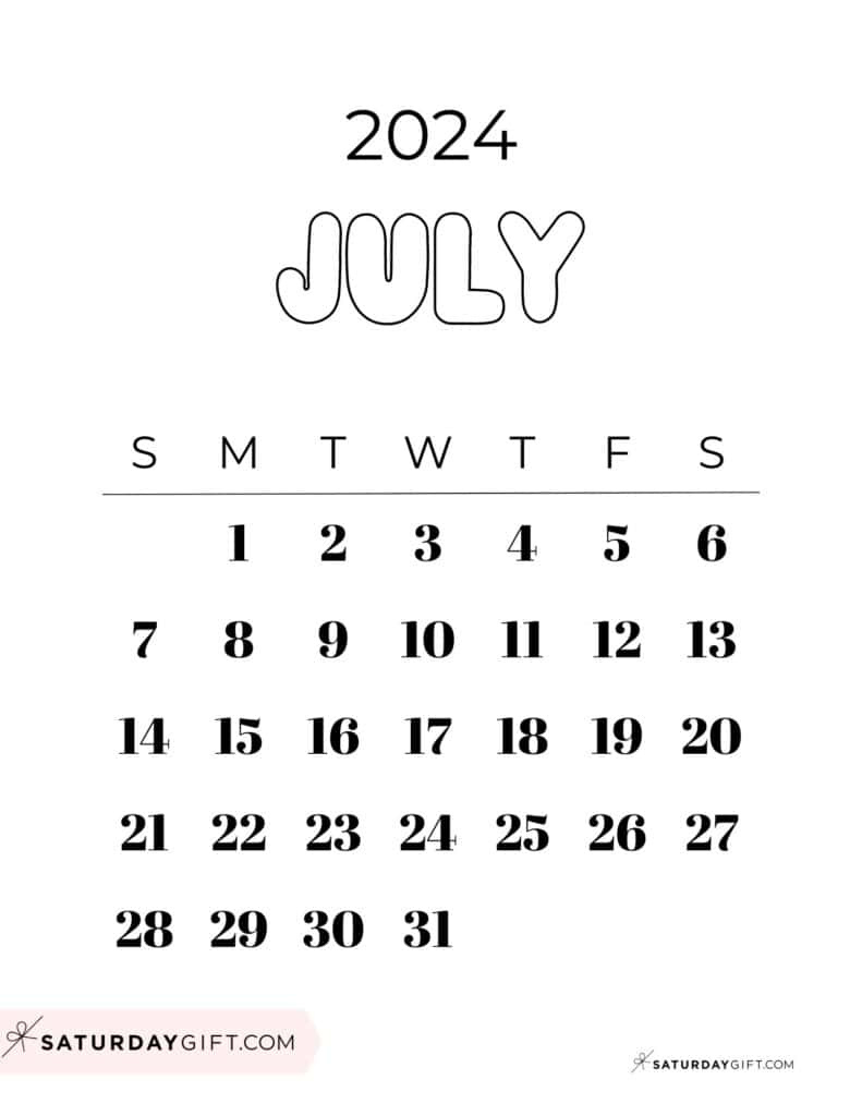 July 2024 Calendar - 20 Cute &amp; Free Printables | Saturdaygift throughout Cute July Printable Calendar 2024