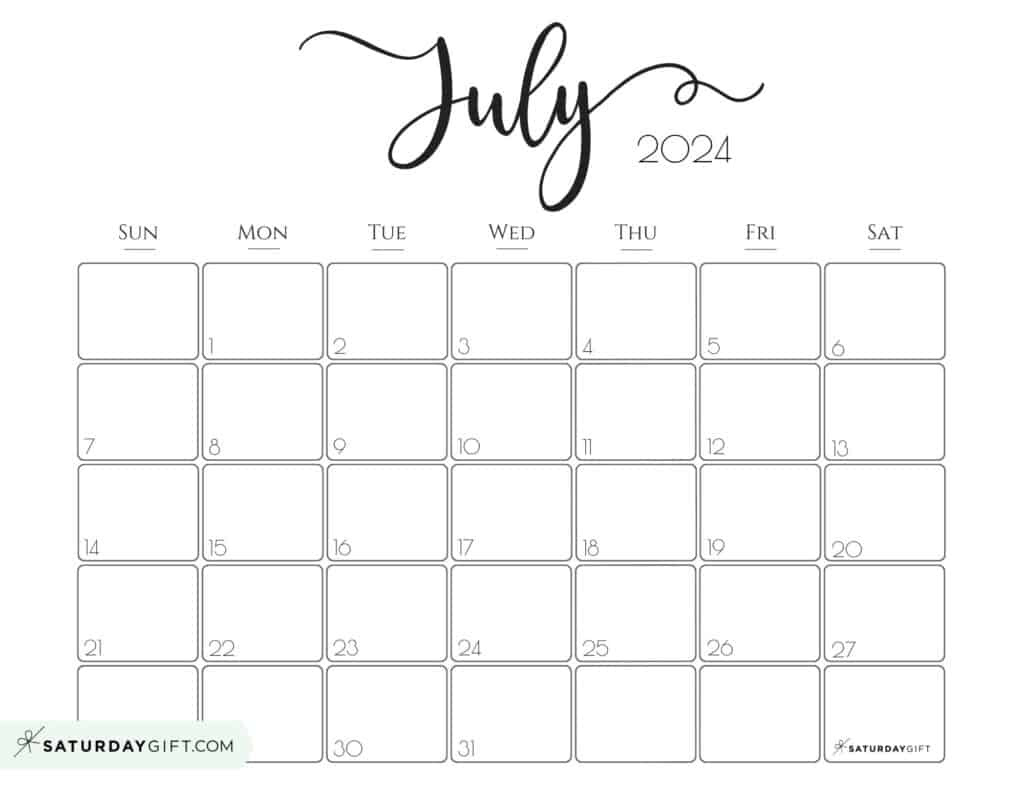 July 2024 Calendar - 20 Cute &amp;amp; Free Printables | Saturdaygift throughout July Content Calendar 2024