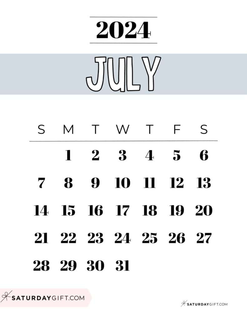 July 2024 Calendar - 20 Cute &amp;amp; Free Printables | Saturdaygift with 20 July 2024 Calendar Printable