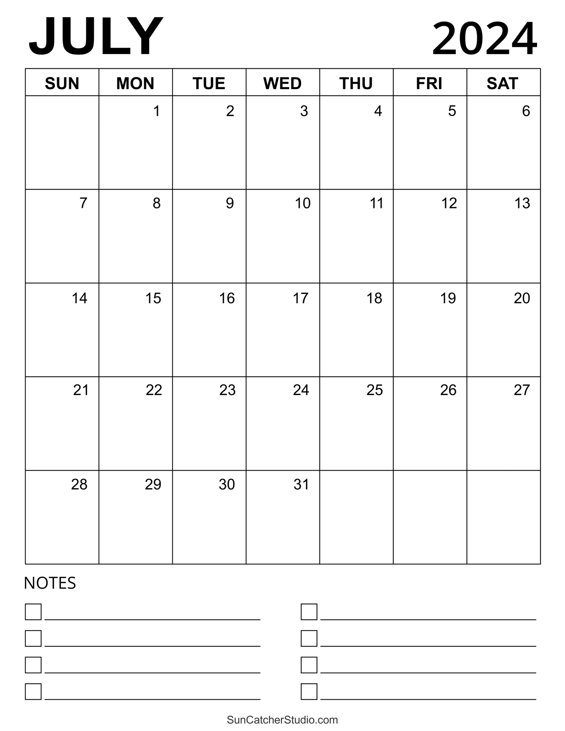 July 2024 Calendar (Free Printable) – Diy Projects, Patterns within Calendar July 2024 With Notes
