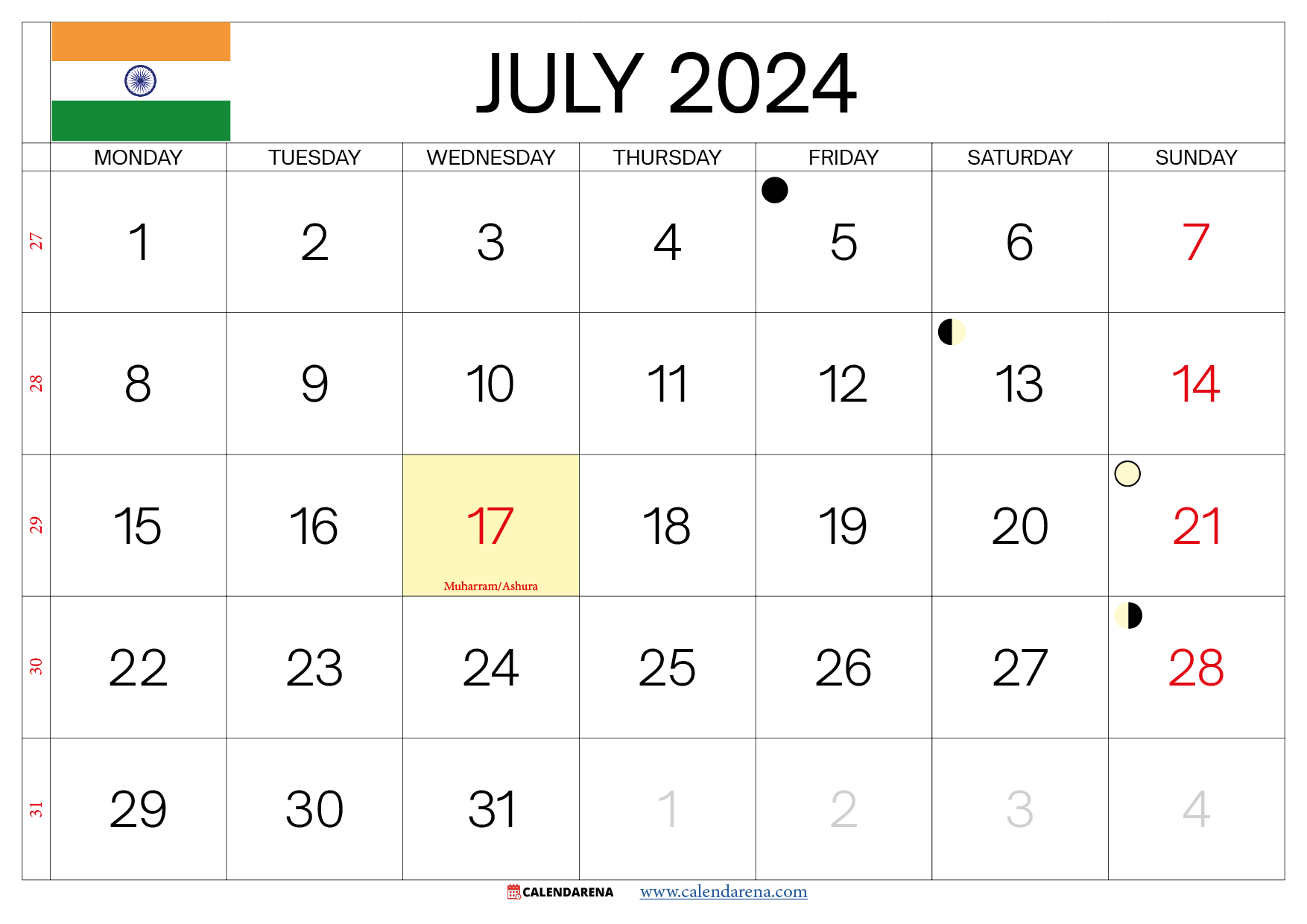 July 2024 Calendar India inside Calendar 2024 July India