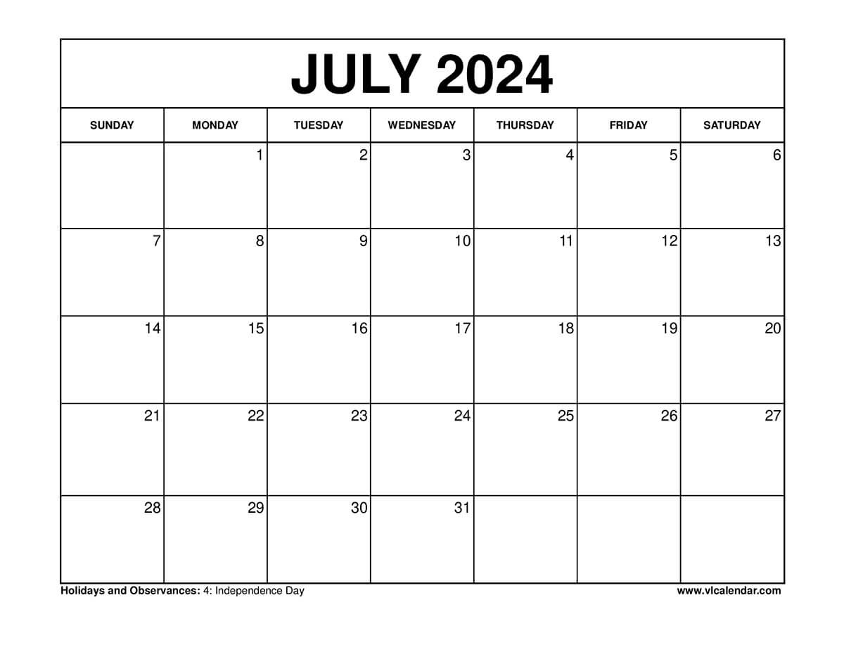 July 2024 Calendar Printable Templates With Holidays inside July 2024 Calendar Template
