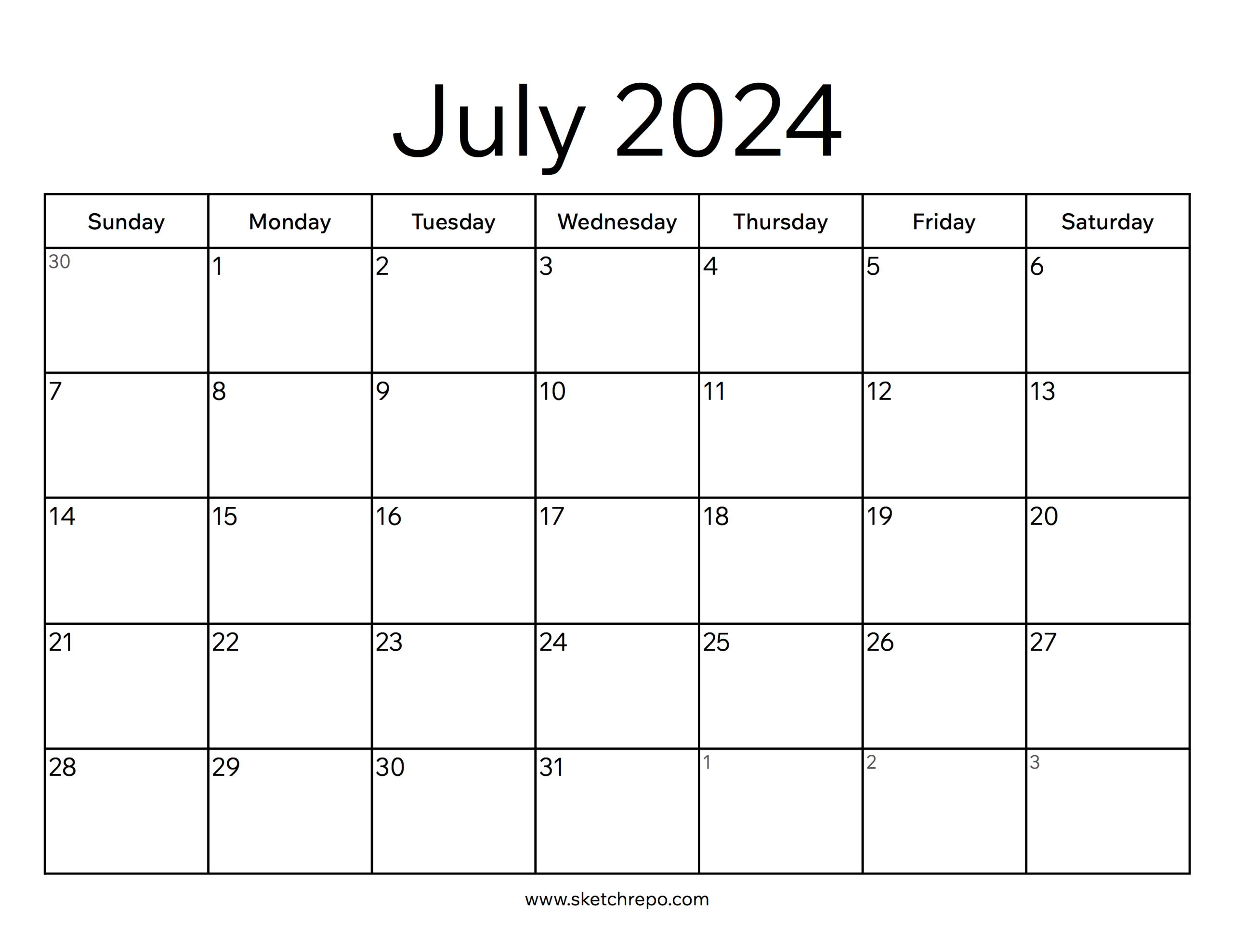 July 2024 Calendar – Sketch Repo for A Calendar of July 2024