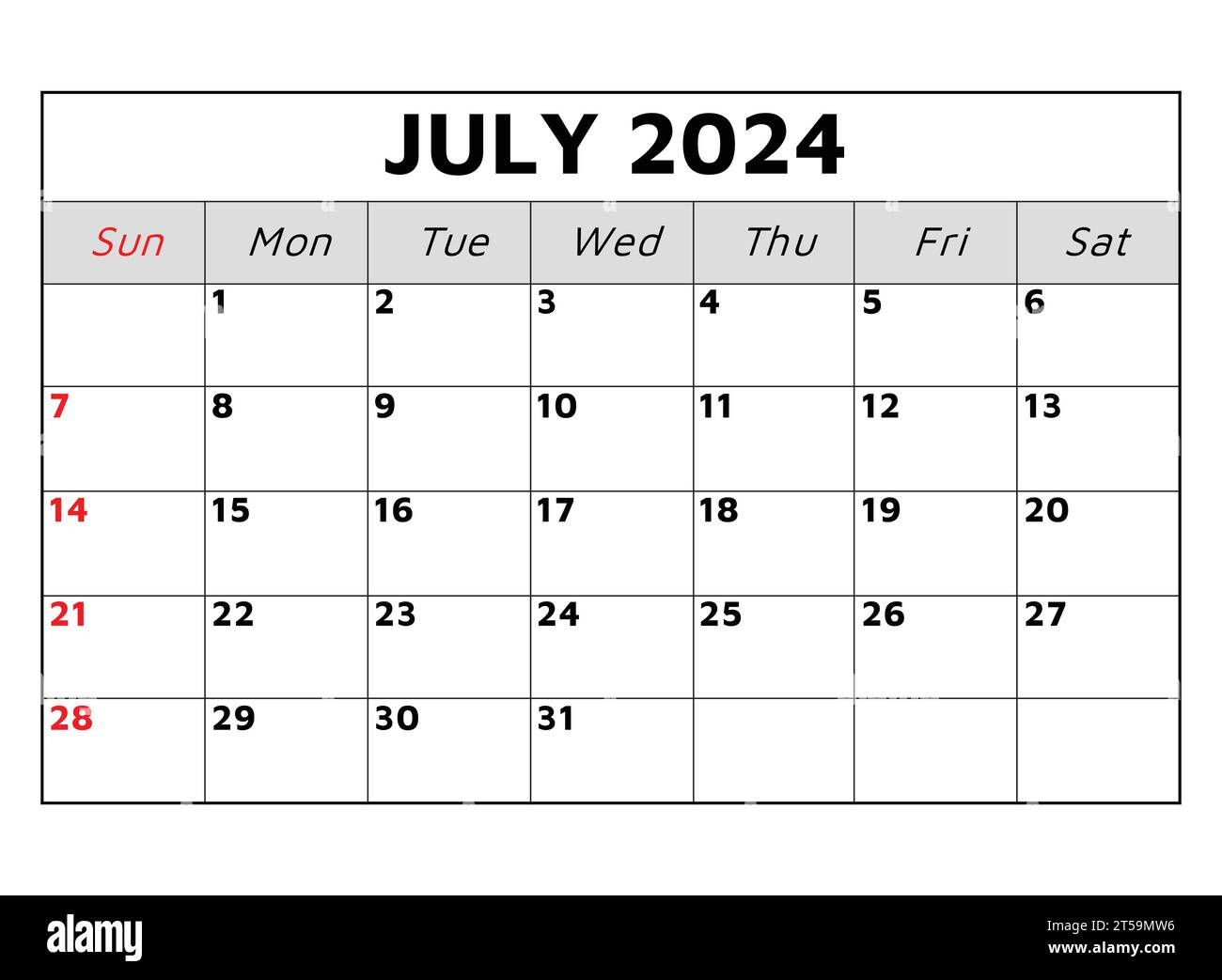 July 2024 Calendar. Vector Illustration. Monthly Planning For Your in July Calendar of Events 2024