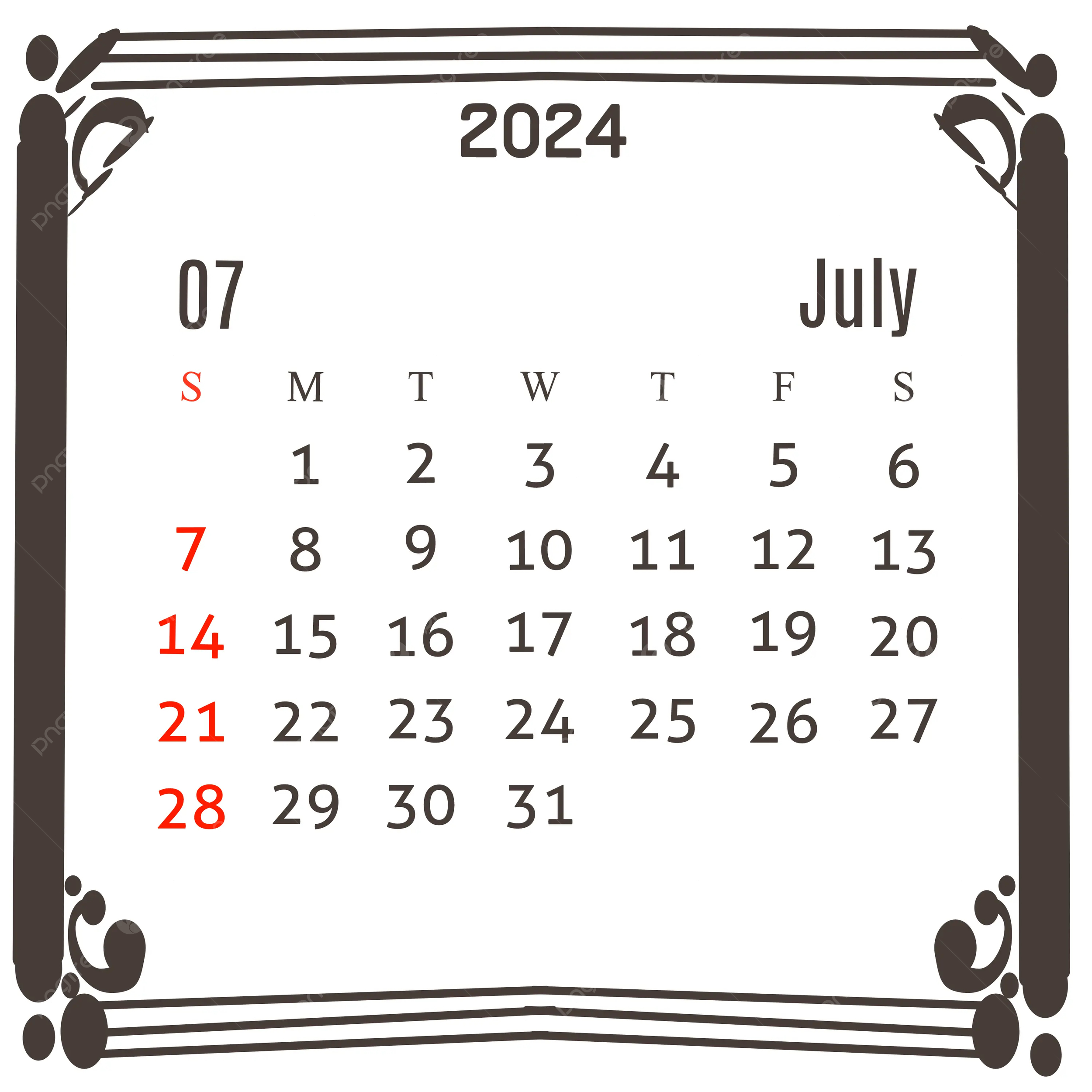 July 2024 Calendar With A Brown Frame Illustration Template in July 2024 Calendar Clipart