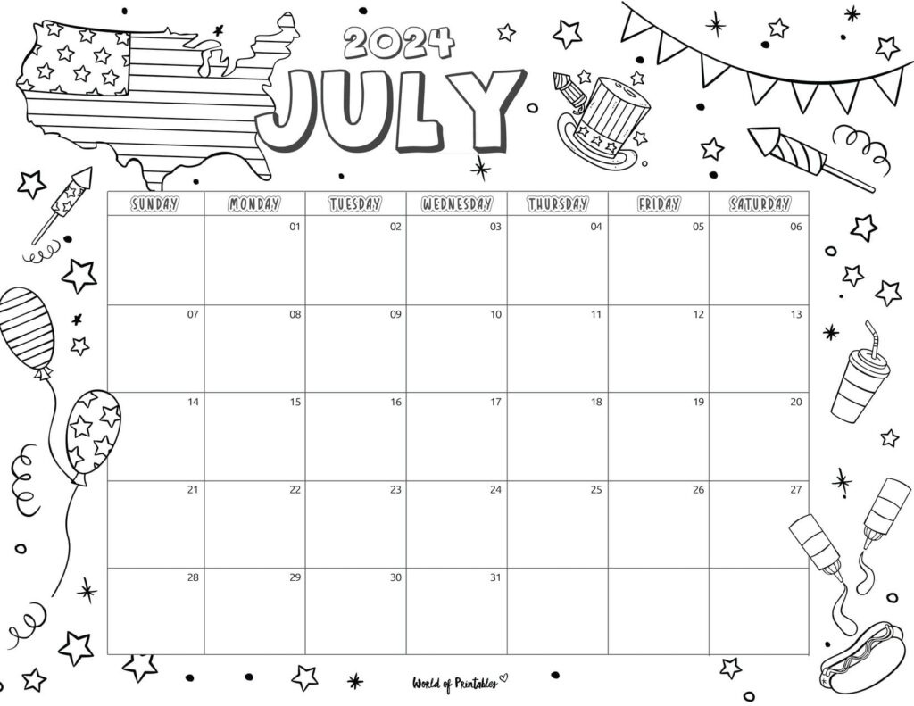 July 2024 Calendars | 100+ Best - World Of Printables intended for July Calendar Coloring Page 2024