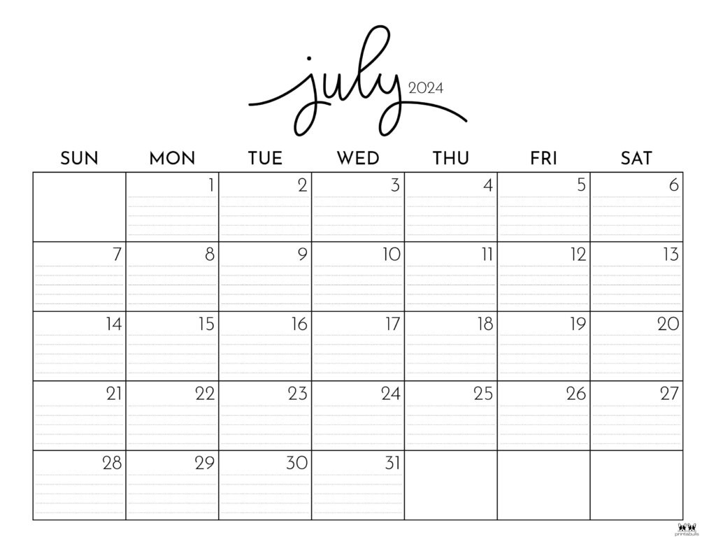 July 2024 Calendars - 50 Free Printables | Printabulls for 2024 July Calendar Template