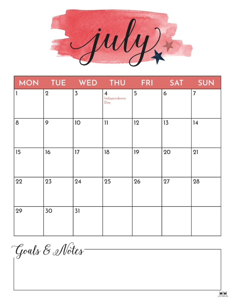 July 2024 Calendars - 50 Free Printables | Printabulls for Cute July Calendar 2024