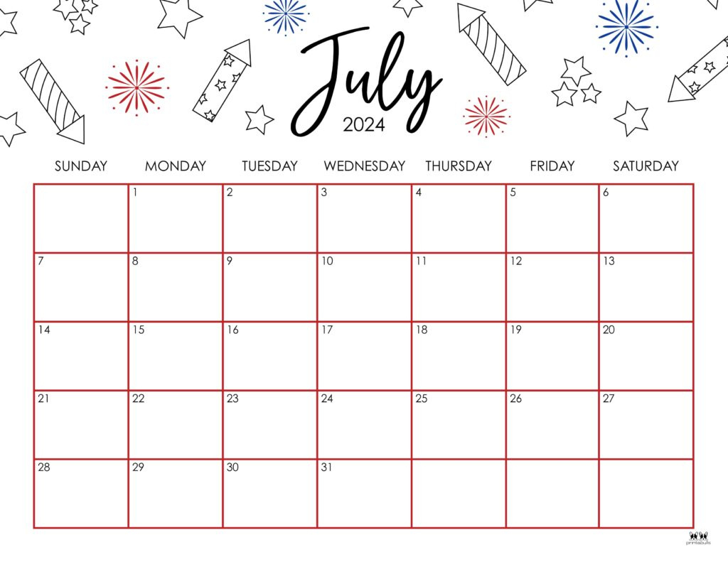 July 2024 Calendars - 50 Free Printables | Printabulls inside Cute July 2024 Calendar Printable
