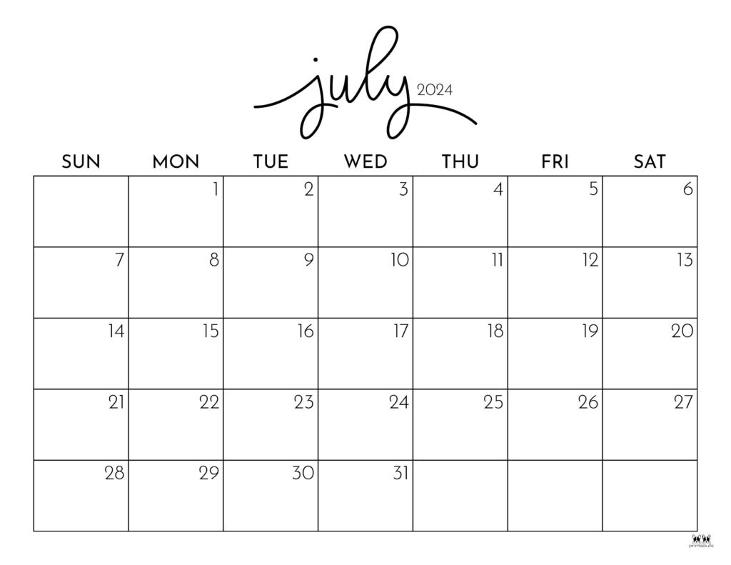 July 2024 Calendars - 50 Free Printables | Printabulls intended for Small July 2024 Calendar